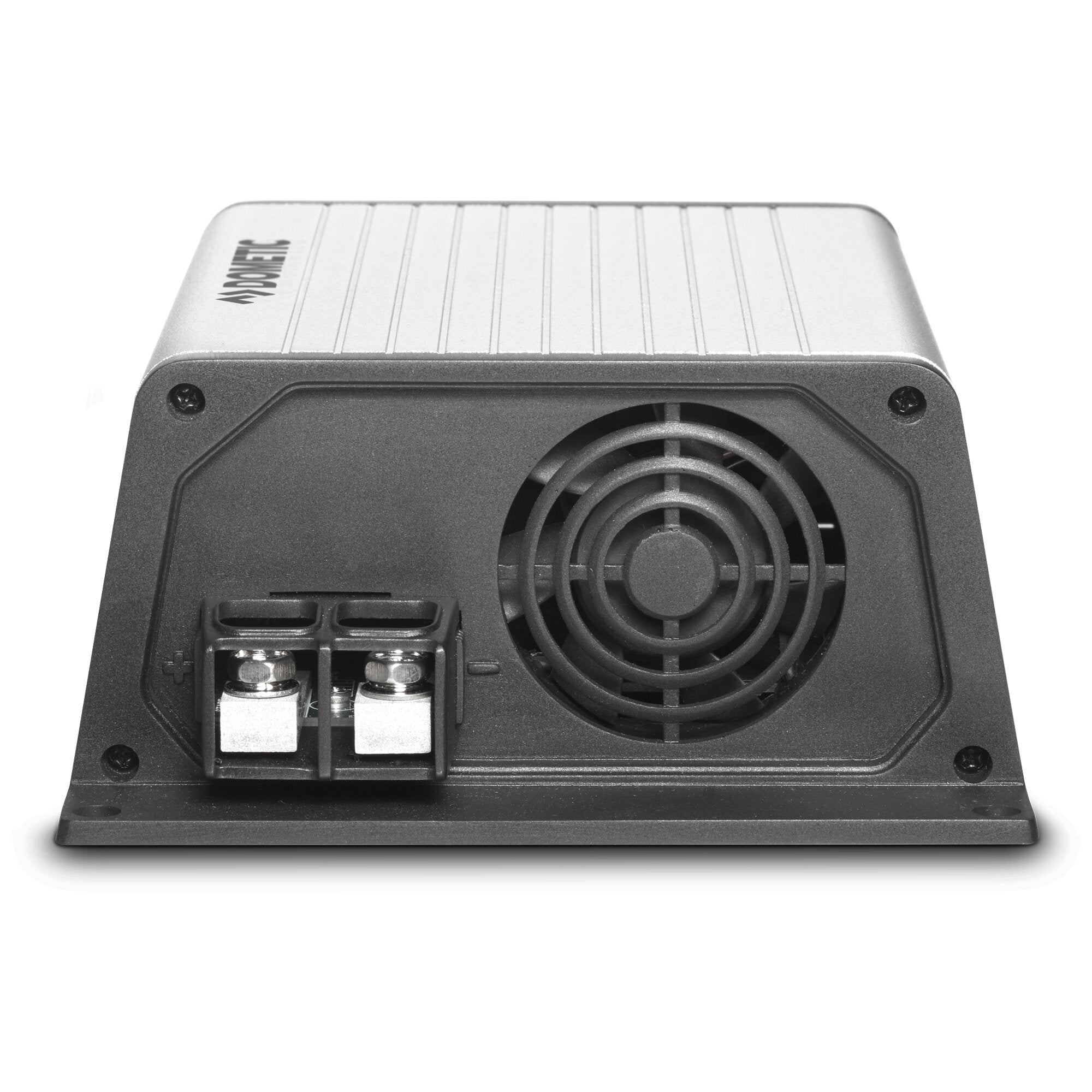 Nahaufnahme eines schwarzen DCC Ladebooster PerfectPower, 20 A, mit silberner gerillter Oberseite, sichtbarem Frontlüfter und Anschlussklemmen unten links