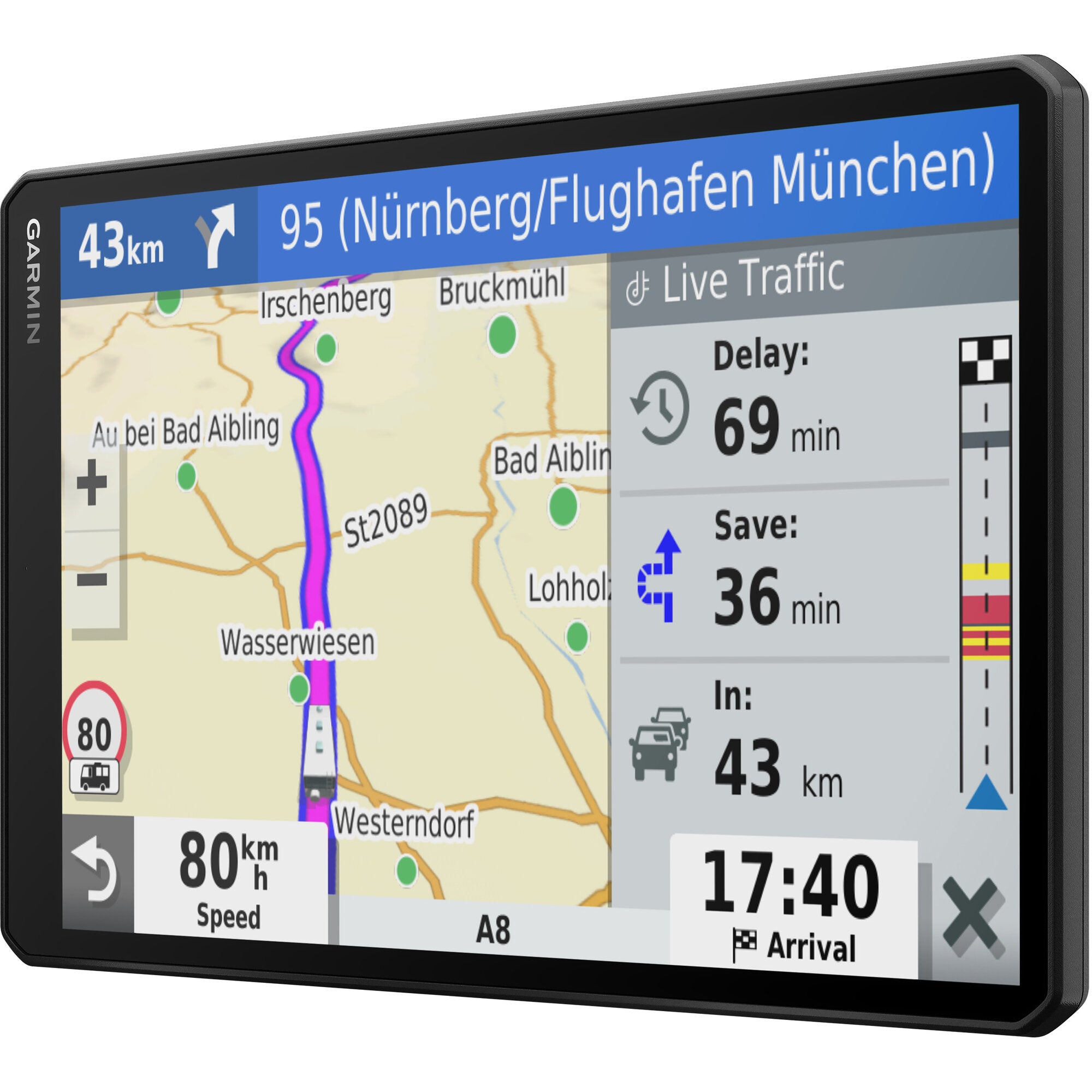 Schrägansicht eines Garmin VIEO RV 10,1 Zoll Navigationsgeräts mit Kartenansicht, roter Routenführung, blauem Zielhinweis und Live-Traffic-Panel, Rand mit GARMIN-Logo