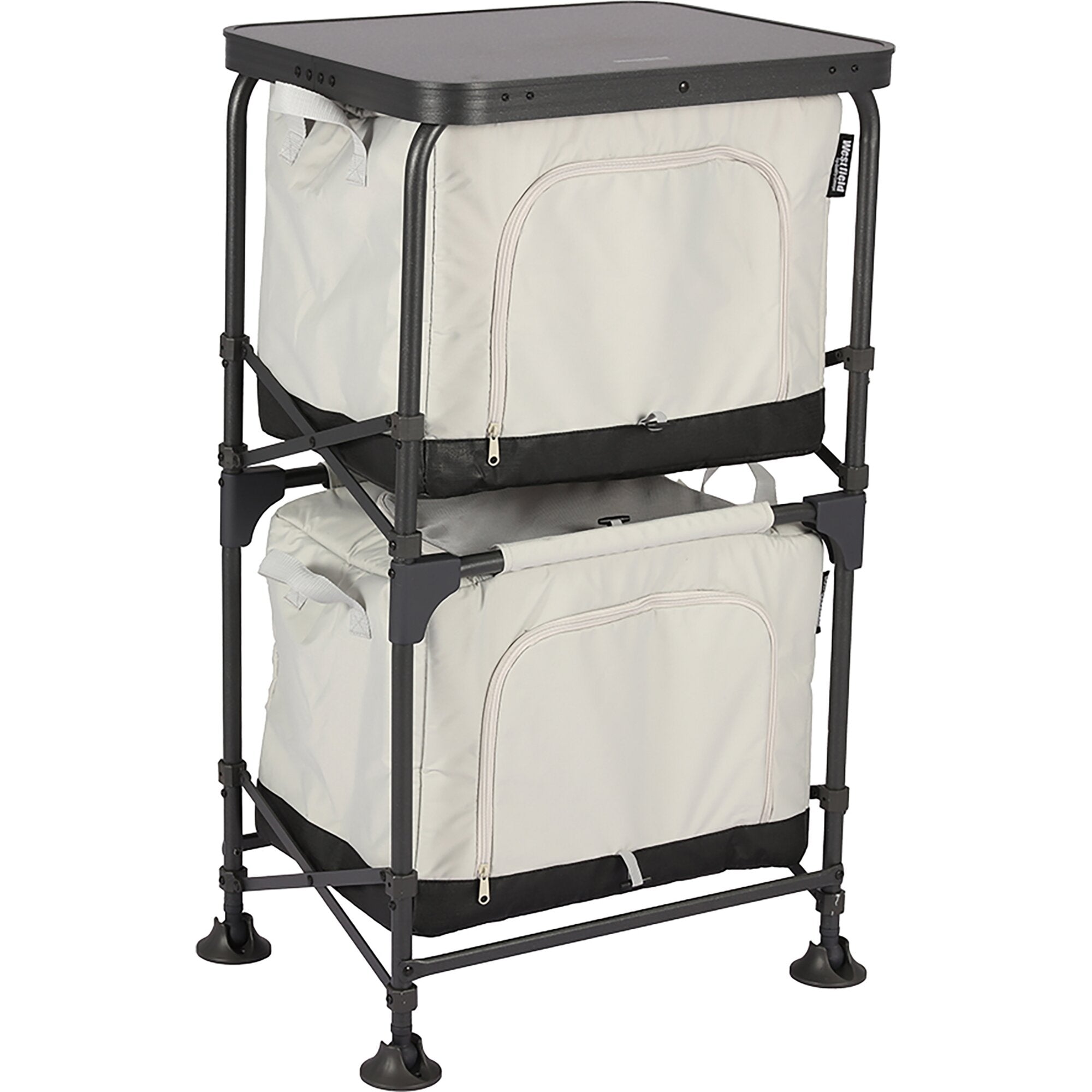 Campingschrank Modulor 2 mit schwarzem Metallrahmen, beige Stofffächer mit Reißverschluss, grauer Deckel oben und unterem Fachboden