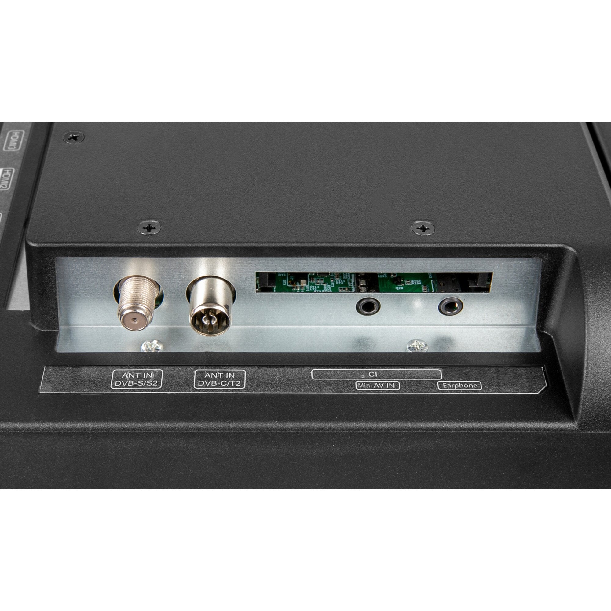 Rückseite eines schwarzen TFT-LED-Flachfernsehers mit DVD-Kombi; zwei Koaxialanschlüsse, ANT IN DVB-S/S2, DVB-C/T2, Mini AV IN, Earphone