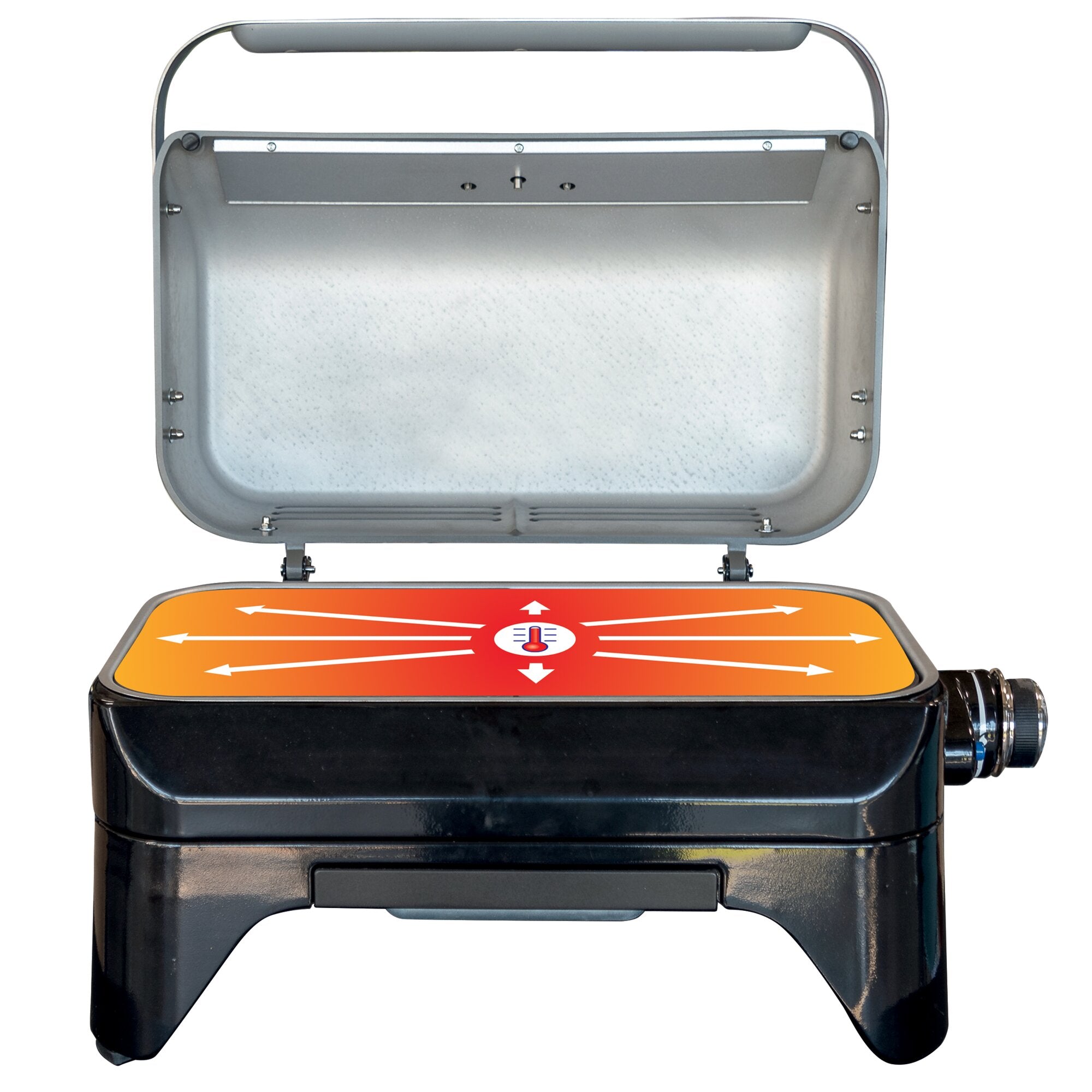 Gasgrill mit geöffnetem Deckel, Innenraum aus Metall, sichtbare Schrauben, orangefarbene Bedienoberfläche mit Thermometer-Symbol und Pfeilen