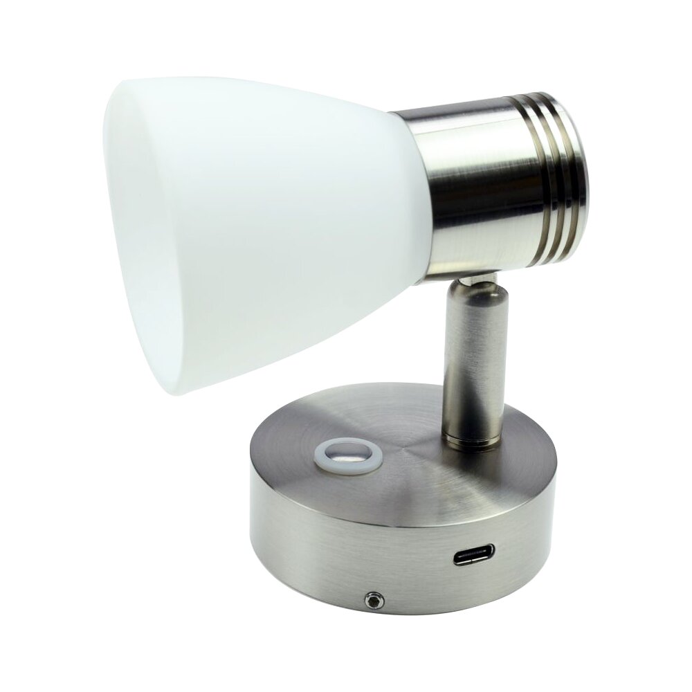 Aufbau-Leseleuchte mit verstellbarem Metallarm, milchweißem Echtglas-Lampenschirm, runder Metallbasis und USB-C-Anschluss am Sockel