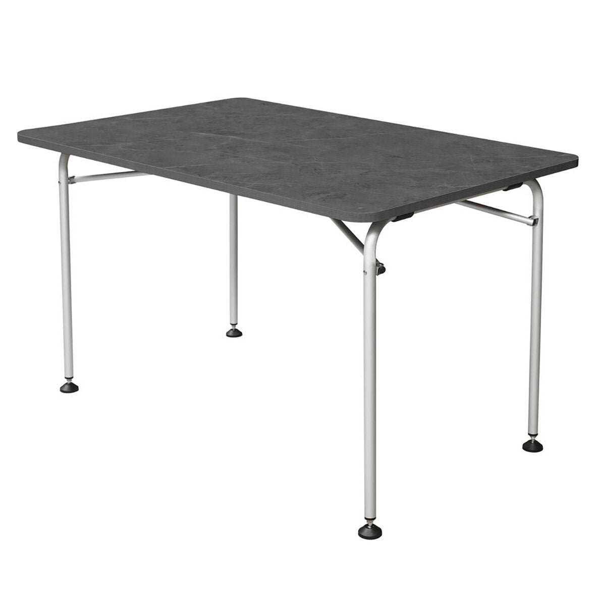 Klappbarer Campingtisch, 140 cm, rechteckige graue Tischplatte mit Marmoreffekt, silberne Beine und Gummifüße Seitenansicht