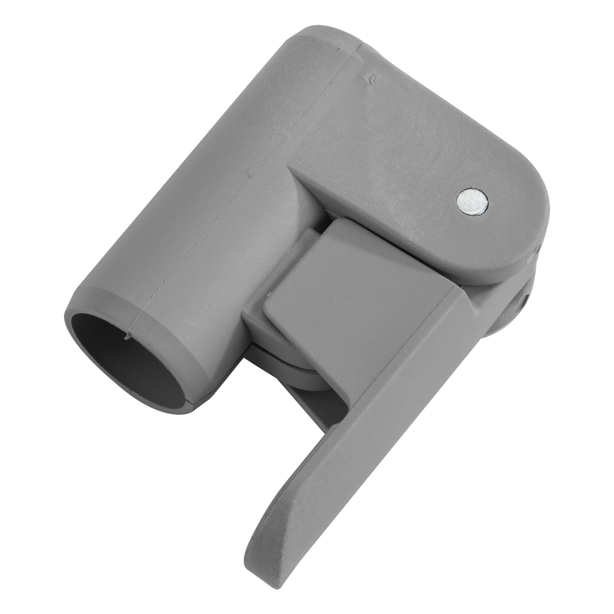 Nahaufnahme des Easy Grip Schnellverschlusses 4, 22 mm aus grauem Kunststoff mit zwei runden Verbindungsöffnungen und sichtbarem Metallstift