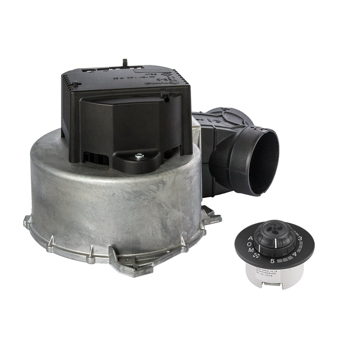 12 V Gebläse mit integriertem Bedienteil, rundem Metallgehäuse, seitlichem Luftkanalanschluss und Drehknopf mit Skala 0 bis 5