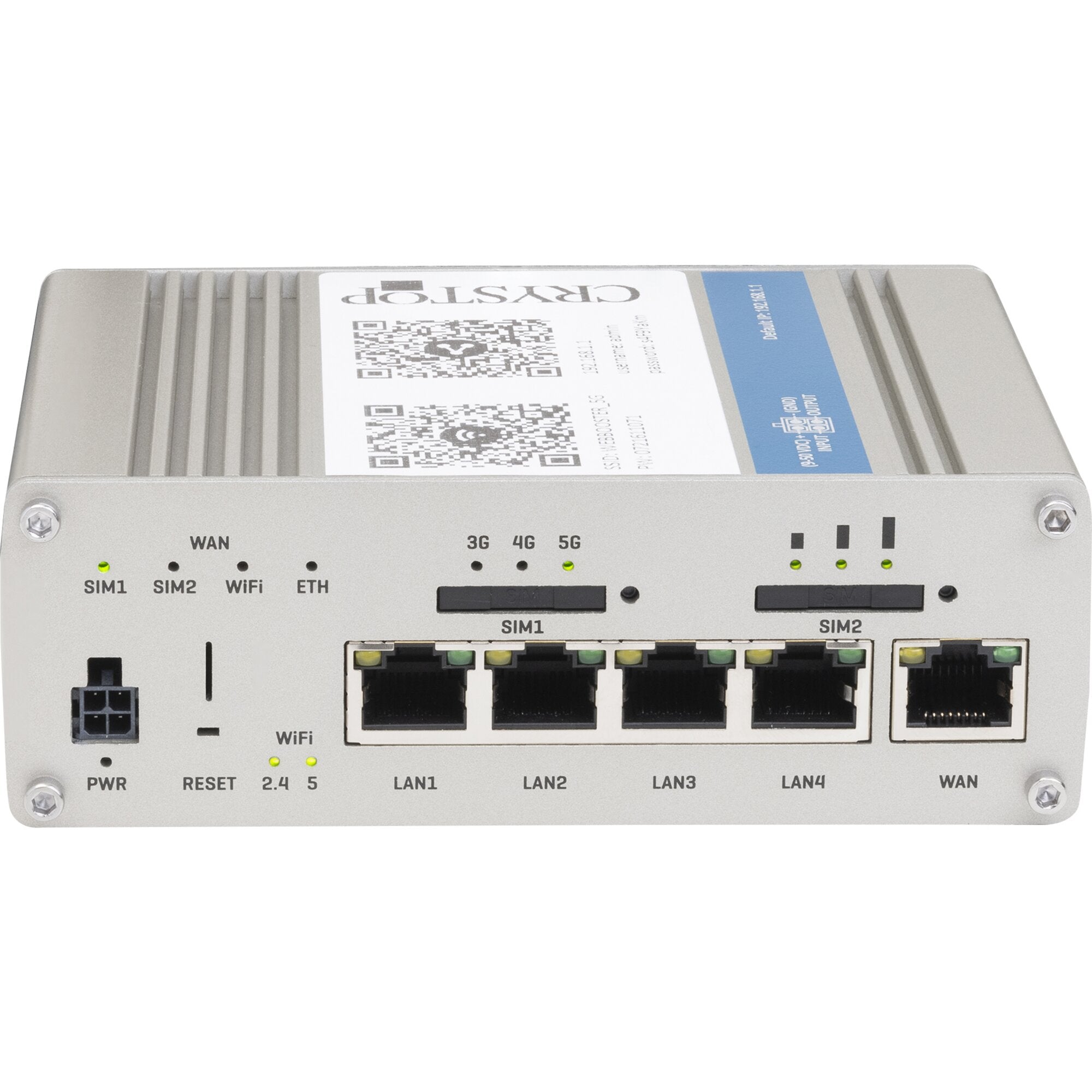 Weißes Netzwerkgerät mit vier LAN-Anschlüssen und WAN-Port, zwei SIM-Slots, WLAN- und Ethernet-Indikatoren, PWR- und Reset-Taste sowie grüne LEDs