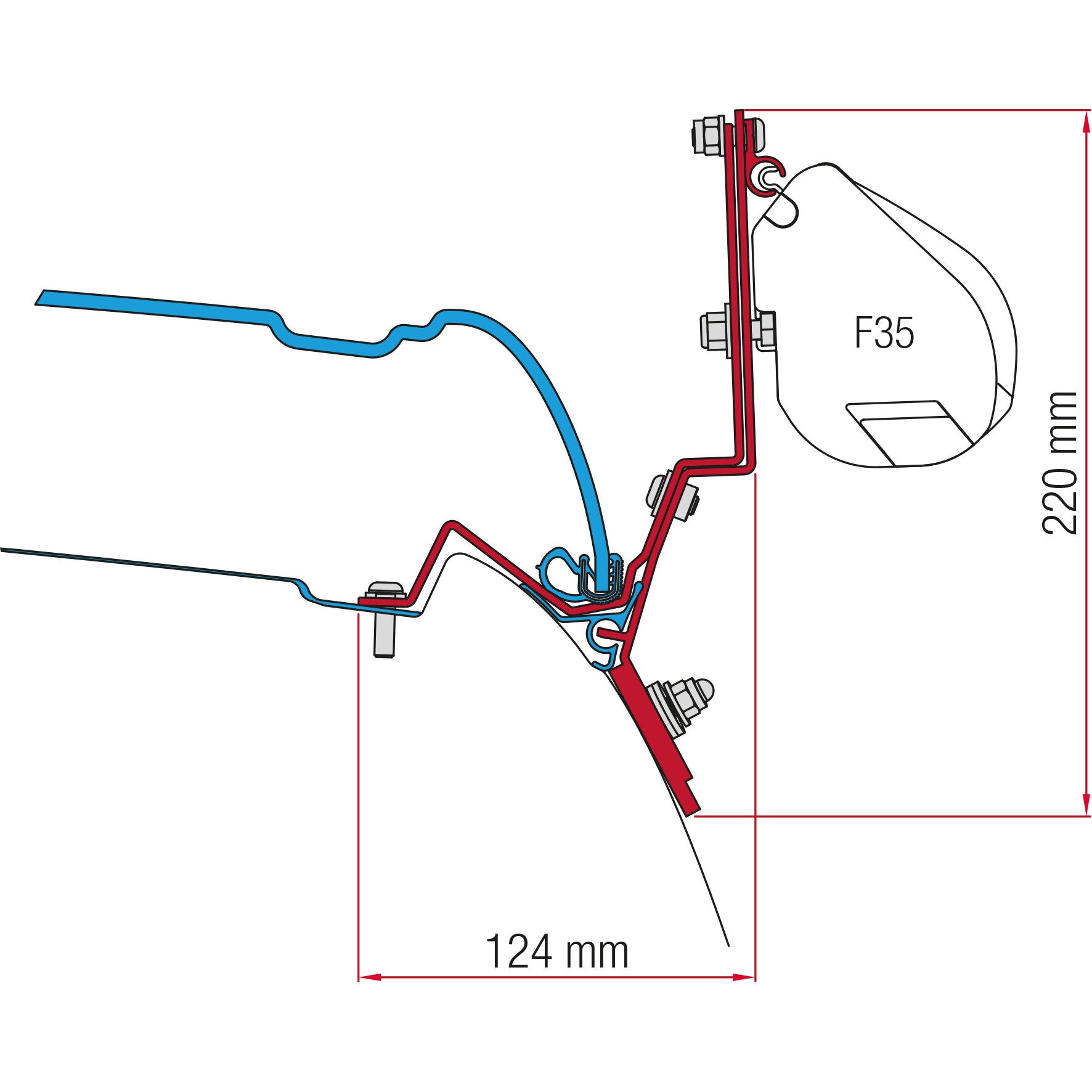 Technische Zeichnung eines Markisenadapter-Kits für V-Klasse Marco Polo; roter Montagerahmen, Bolzen, Clips, blaue Leitung, F35-Bauteil