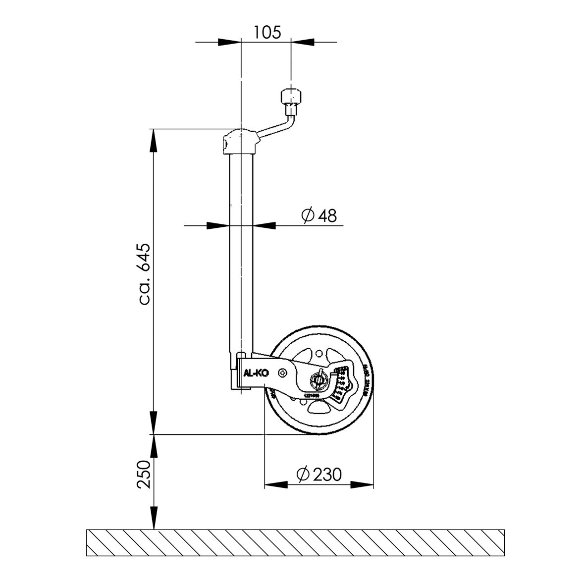 Technische Zeichnung eines Stützrads: vertikaler Stiel, Haltearm mit Knopf, großes Rad Ø230 mm, Loch Ø48 mm, Gesamthöhe ca. 645 mm