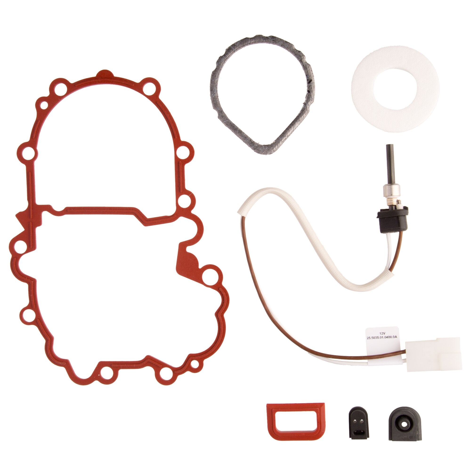 Teile eines Glühstiftsets: roter Dichtungsring mit Löchern, grauer Ring, weiße Scheibe mit Loch, braunes Kabel mit Stecker