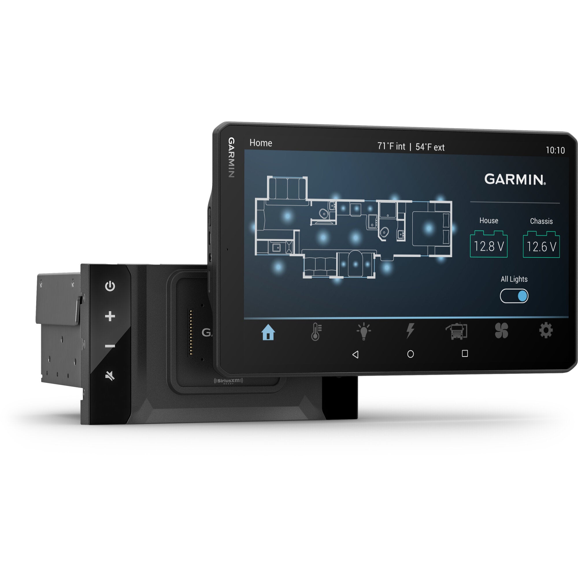 Garmin VIEO RV Bedienteil mit 10,1 Zoll Display zeigt Home-Grundriss eines Wohnmobils Innen-/Außentemperatur und Uhr 10:10