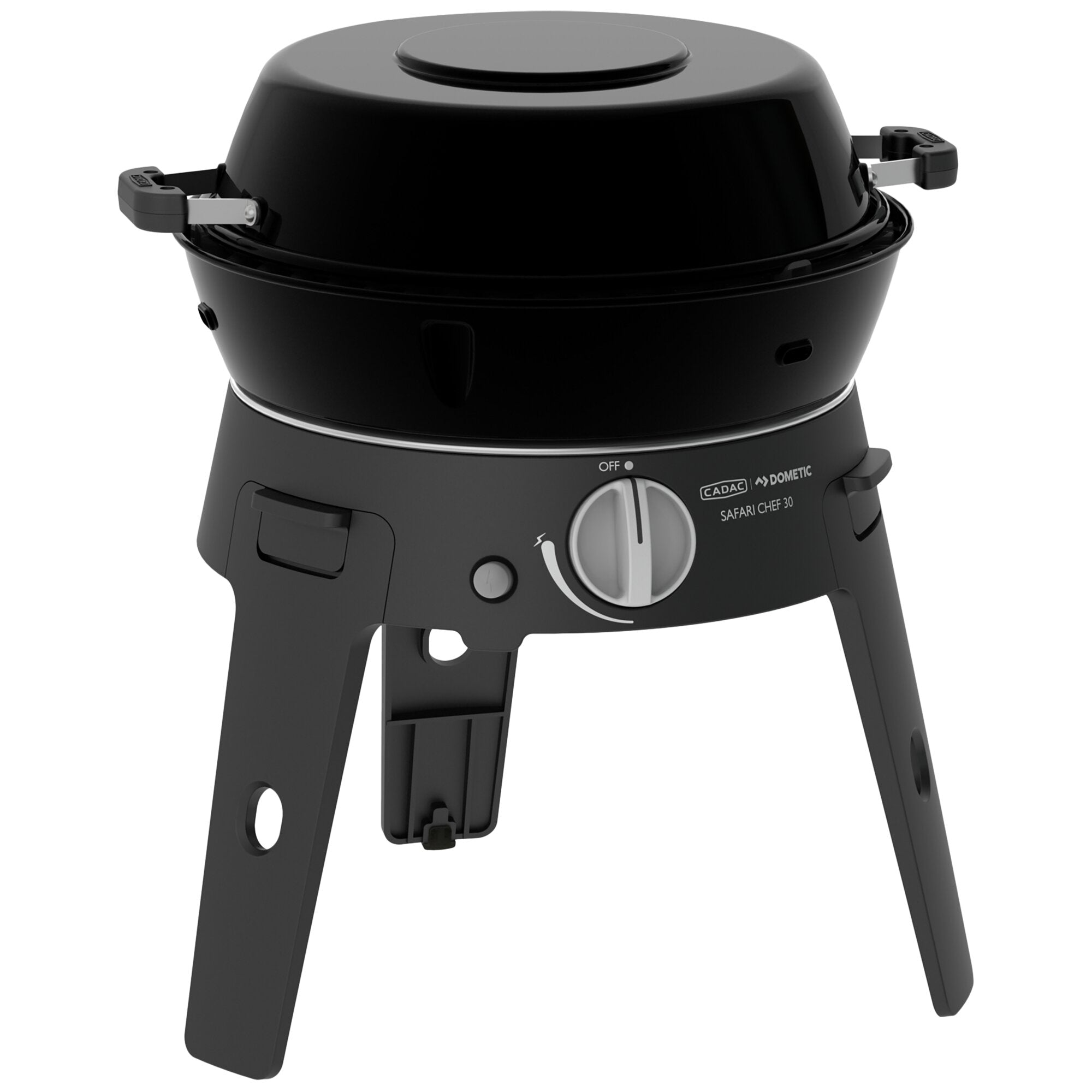Schwarzer tragbarer Gasgrill mit rundem Deckel, zwei seitlichen Metallgriffen, Frontbedienungsknopf und stabilen Beinen, Safari Chef 30 Deluxe