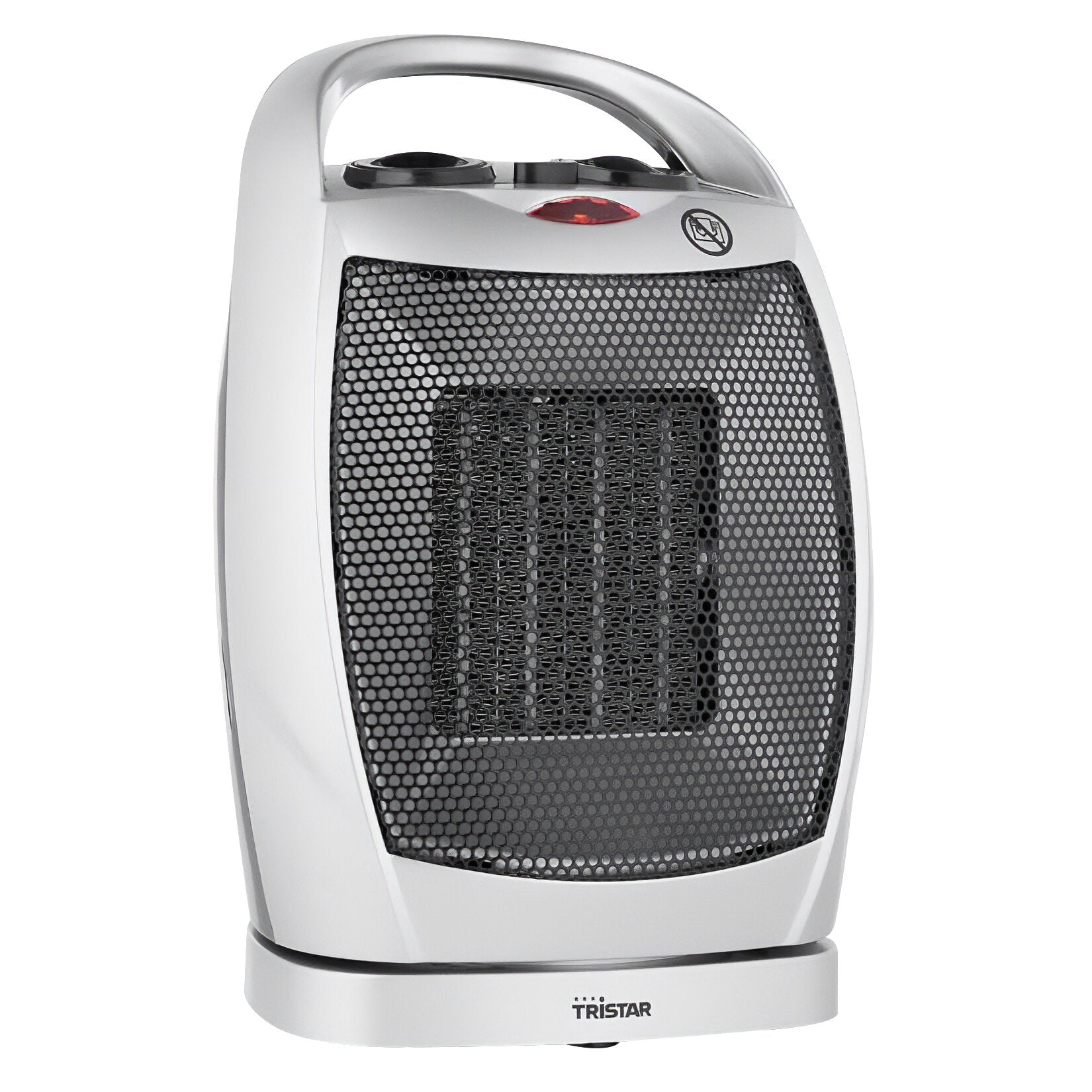 Keramische Elektroheizung in Weiß mit geschwungenem Griff, schwarze Gitterfront und zwei oberseitigen Bedienelementen; TRISTAR am Sockel