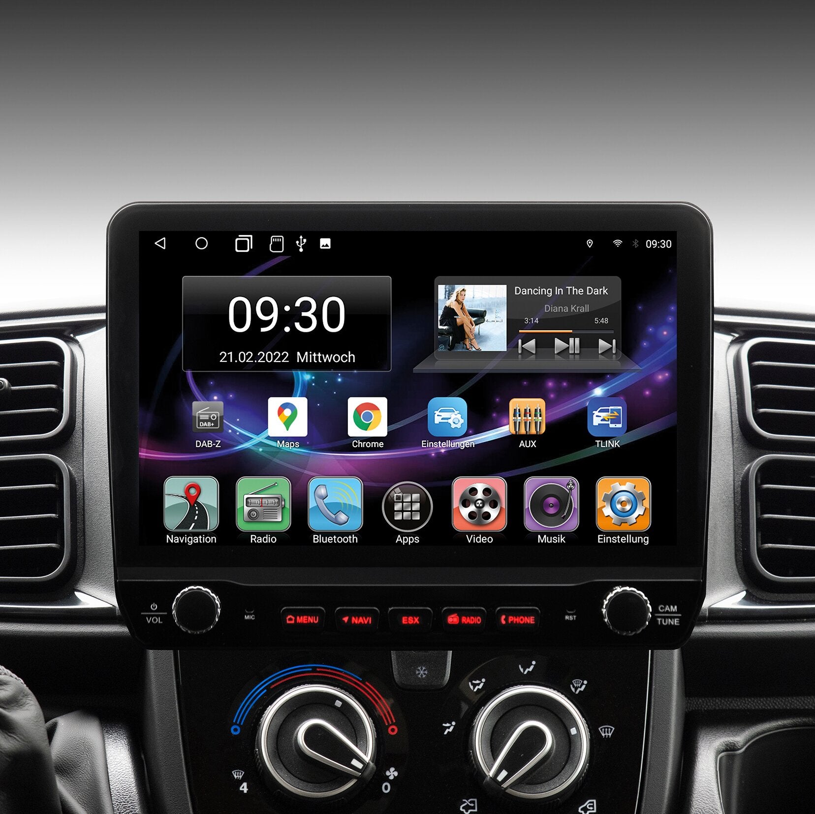 Infotainment-Display im Armaturenbrett zeigt ESX Vision Navigationssystem mit Uhr 09:30 und App-Icons wie Navigation, Maps, Musik