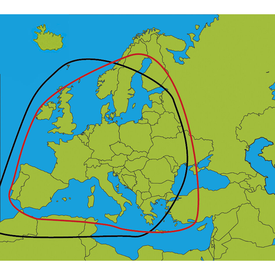 Kartenabbildung Europas in Grün und Blau mit zwei roten und schwarzen Ellipsenlinien, die mögliche Satellitenempfangsbereiche markieren