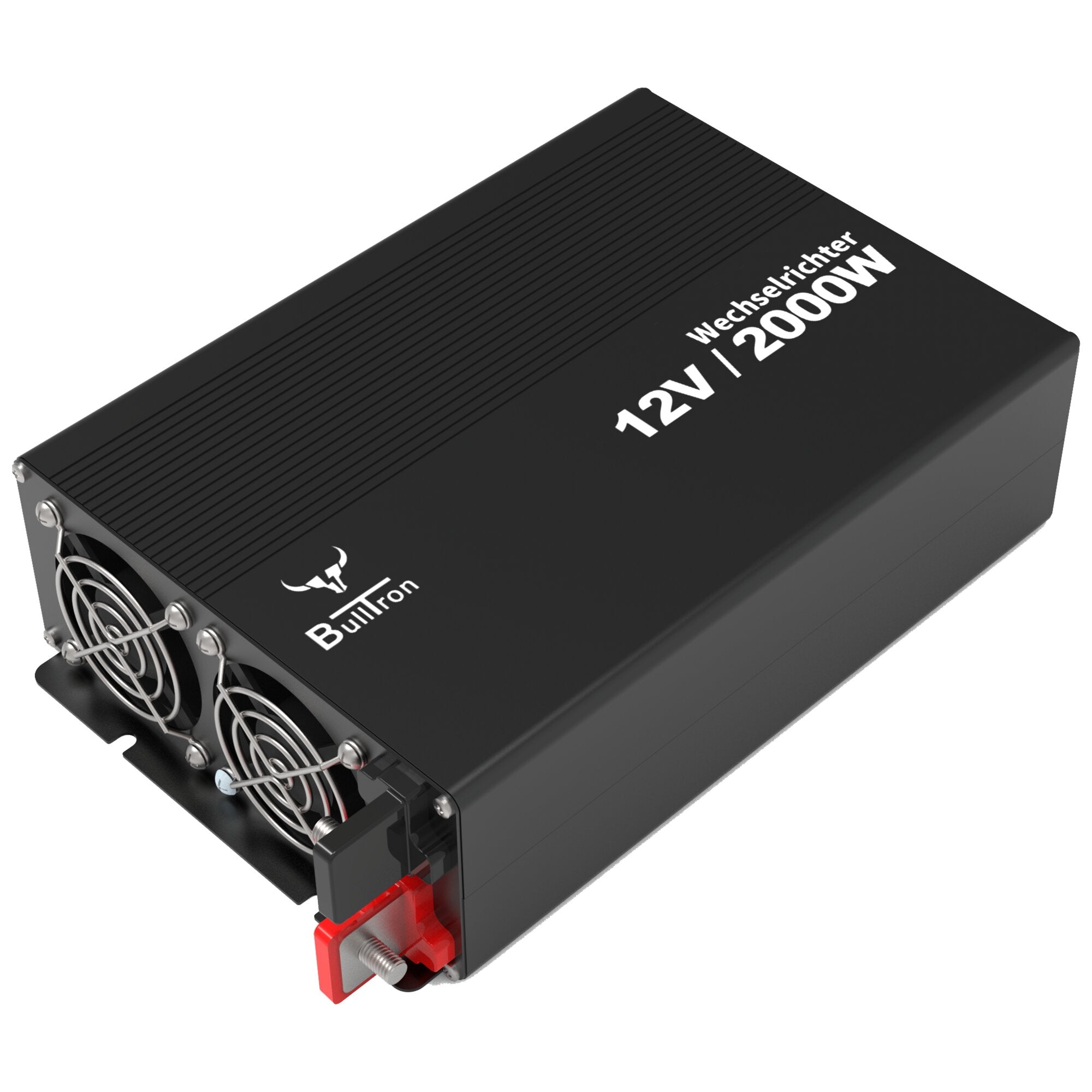 Schwarzer Wechselrichter mit gerippter Oberseite, vorderen Lüftungsgittern, roten Anschlussstiften und Beschriftung 12V | 2000W Bulltron-Logo
