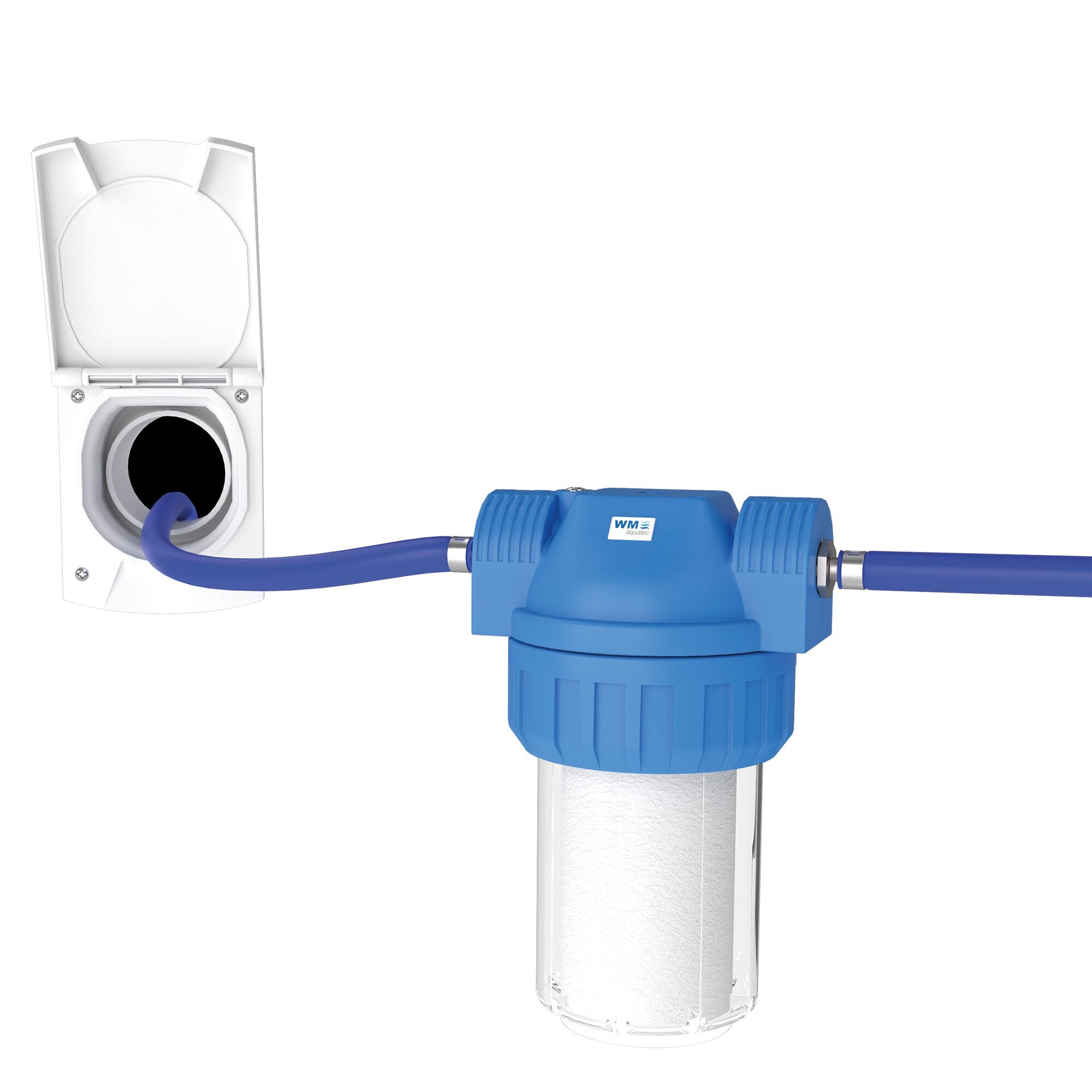 Weißes Wasserfilter-Set Mobile Edition mit geöffnetem Deckel, sichtbarer runder Kammer und blauem Schlauch, der zu einer blauen Einheit mit WM aquatec-Logo führt