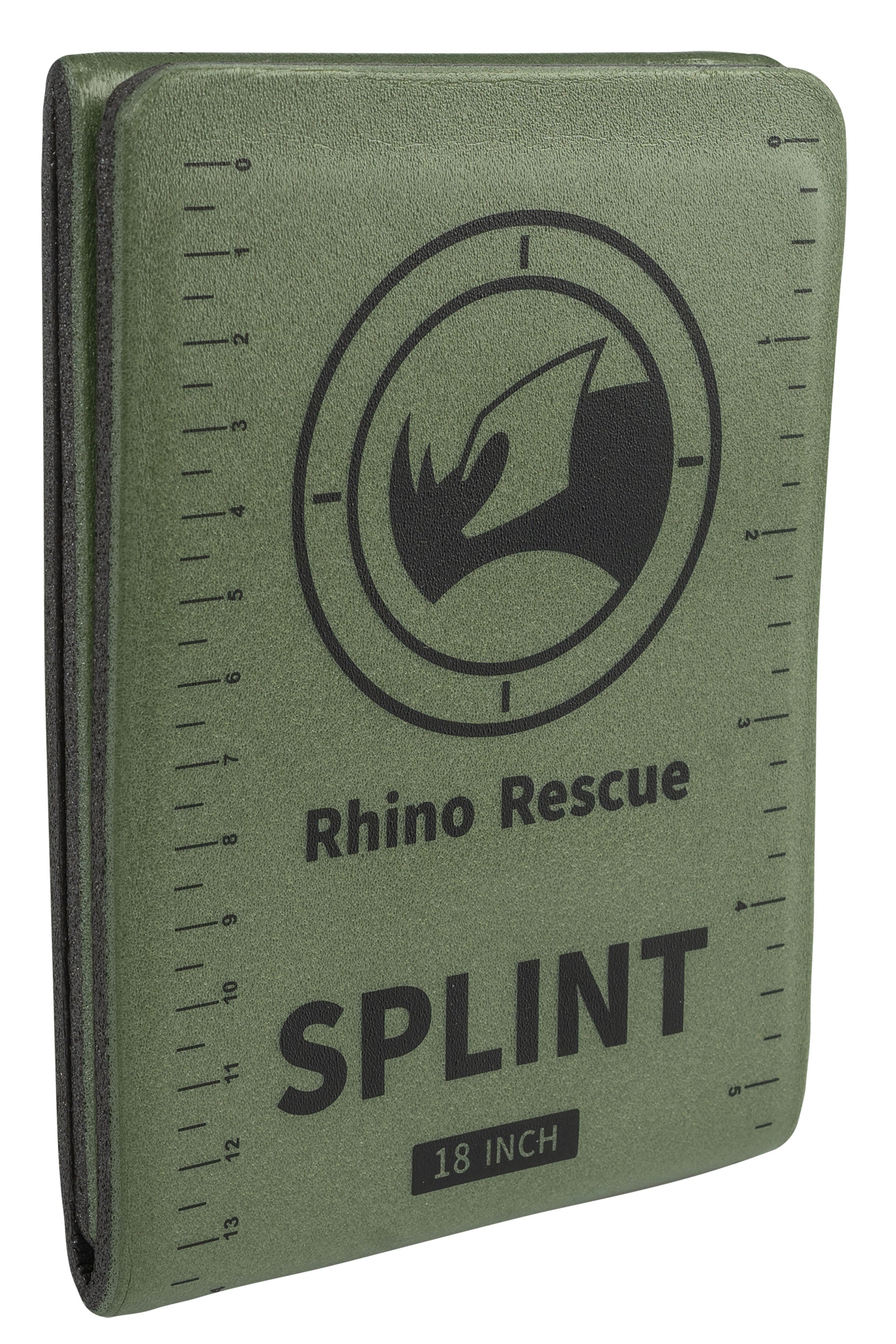 Olivefarbene 18-Zoll Universalschiene mit schwarzem Rhino Rescue Logo und Maßskala am Rand.