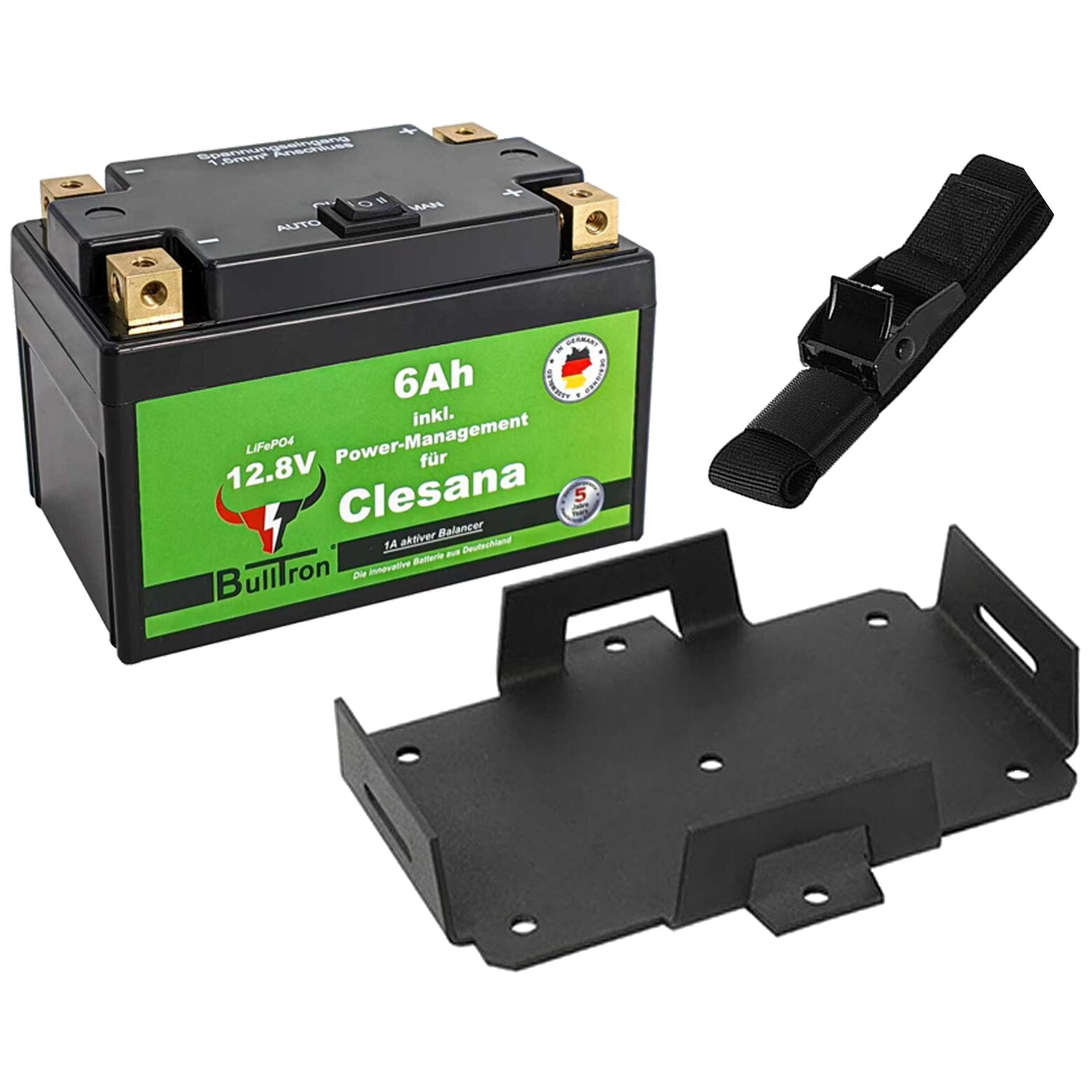 Lithiumbatterie 12,8 V 6 Ah mit grünem Label Clesana goldene Klemmen Power-Management-Schalter Anschlusskabel und Montagerahmen