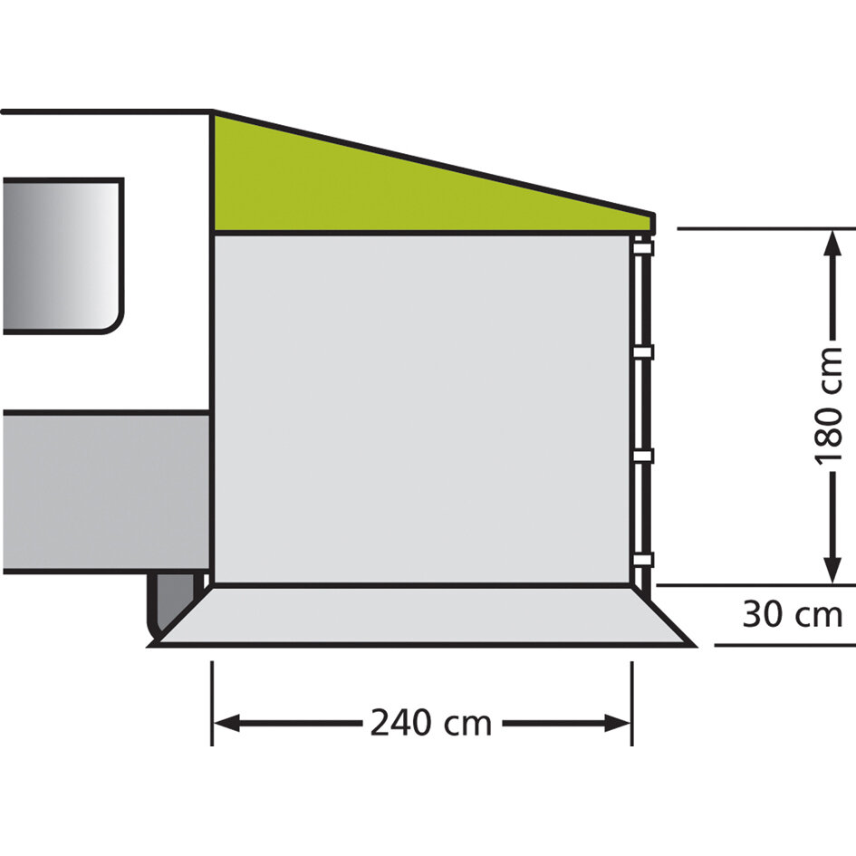 Skizze einer Seitenwand mit Sonnendach: grün geneigtes Dach über grauer Wand, rechte Stützen, Fenster an linker Gebäudeseite; Maße 240 cm Breite, 180 cm Höhe