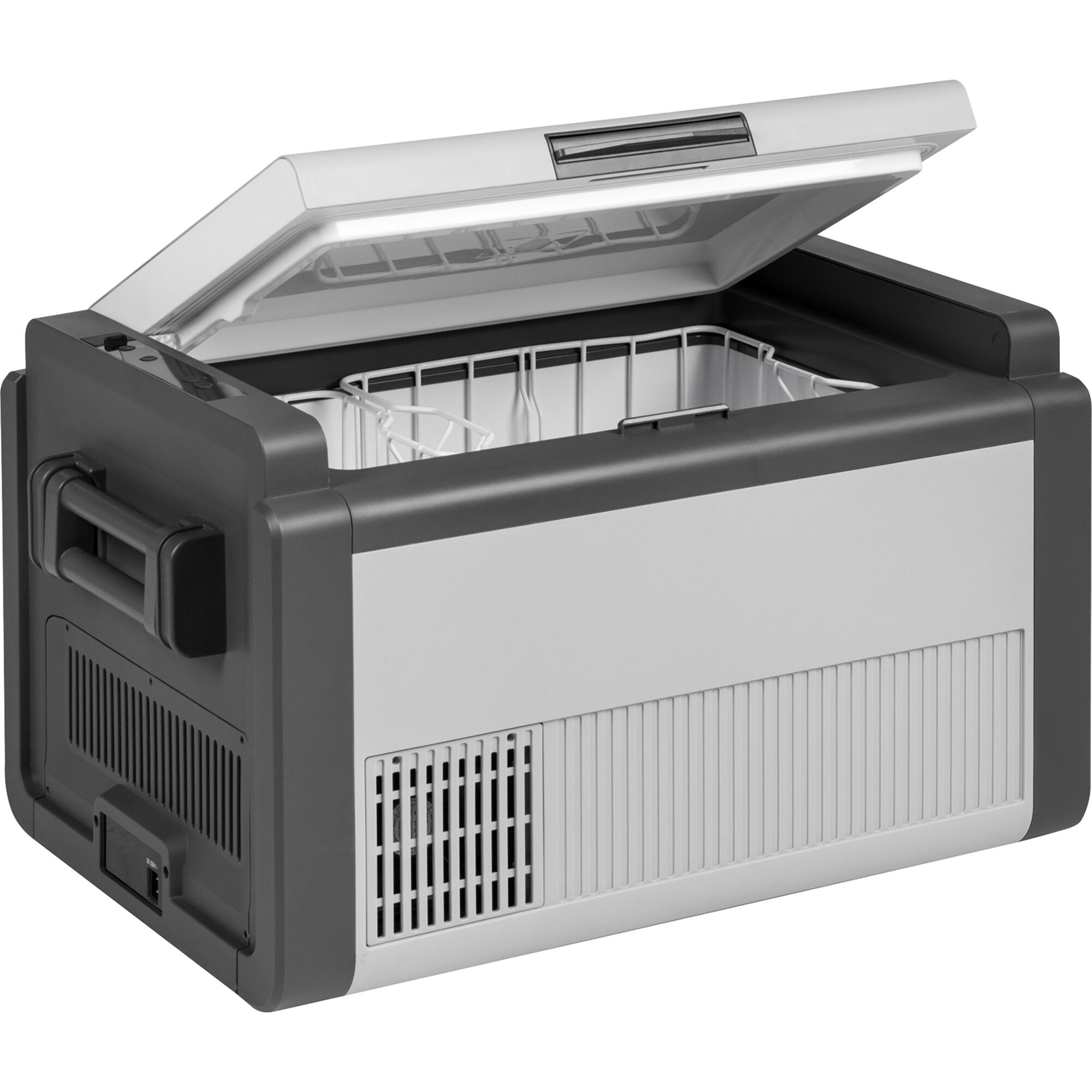 Polarys Criomaster Kühlbox 40 l mit geöffnetem Deckel, Innenraum mit Drahtkorb und Ablagegitter, seitliche Belüftungsöffnungen, dunkles Gehäuse