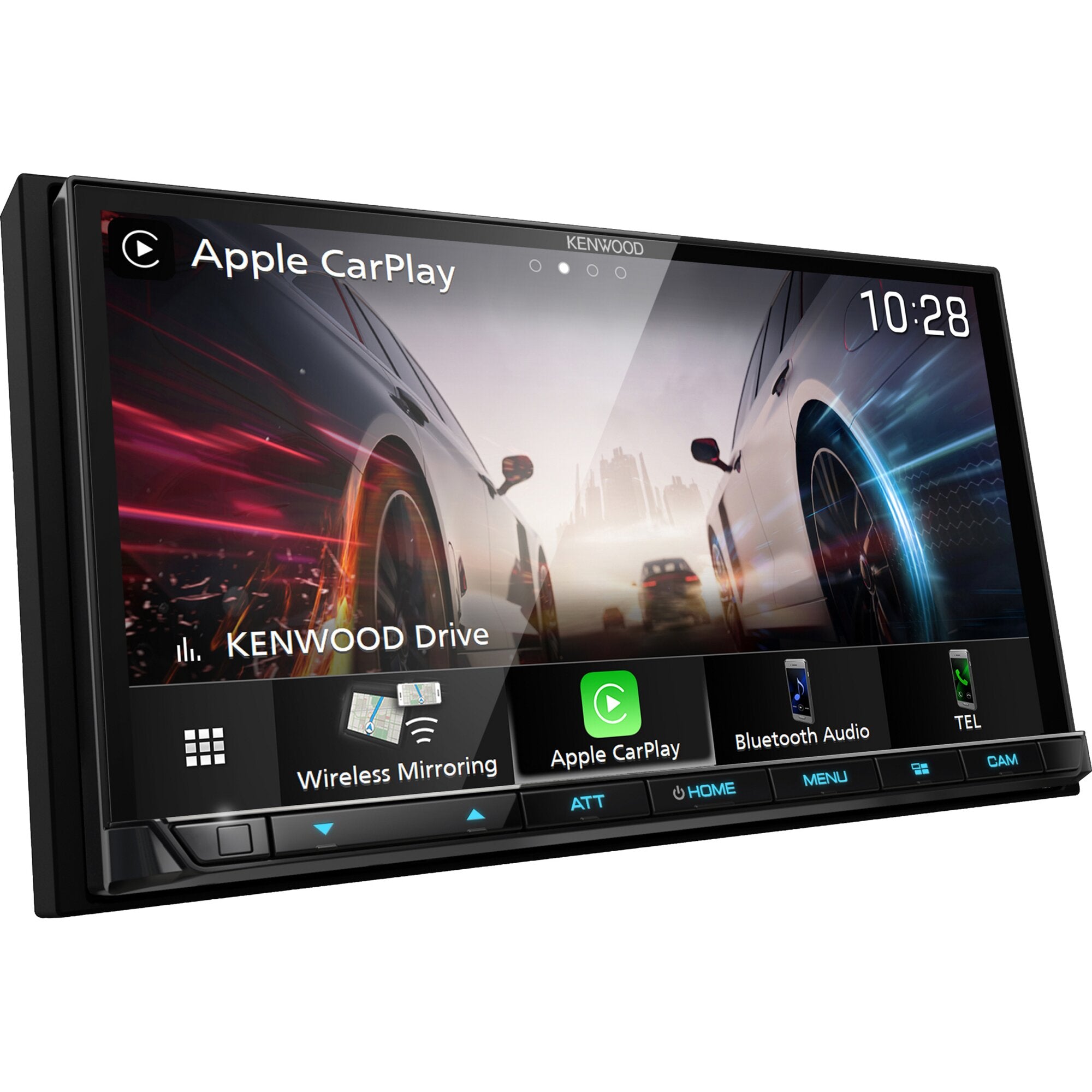 Schräg stehender Kenwood Moniceiver DMX8021DABS mit großem Touchscreen, zeigt Apple CarPlay und Kenwood-Logo, Zeit 10:28, App-Symbole unten