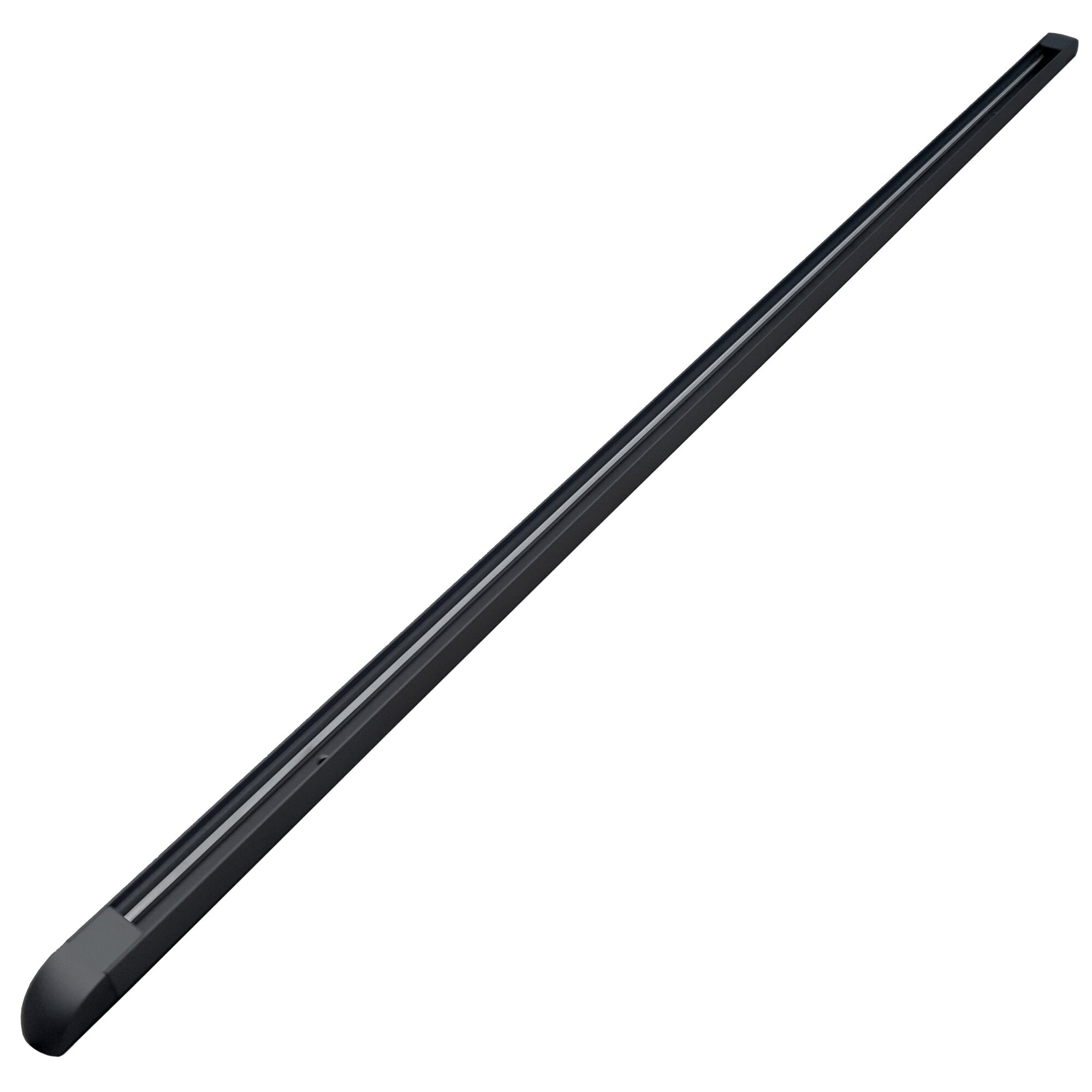 Schwarze Aufbauschiene mit silbernem Führungsteil, abgerundete Endkappe am unteren Rand, diagonale Perspektive, 600 mm lang