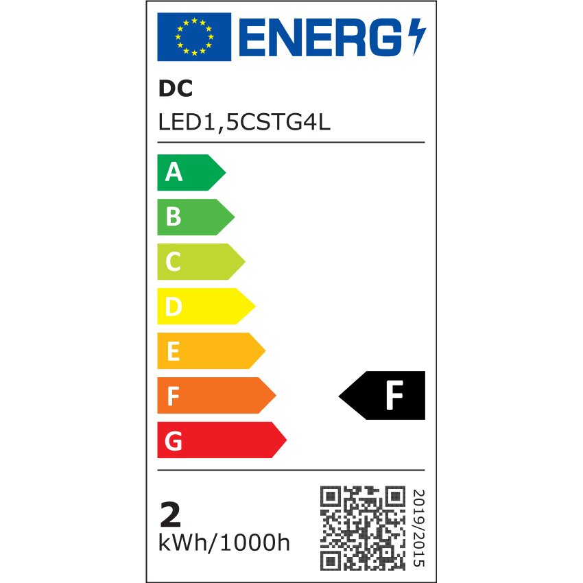 Energiekennzeichnungs-Label für LED-G4 Leuchtmittel 1,50 W, Energieeffizienzklasse F, Verbrauch 2 kWh/1000h, QR-Code