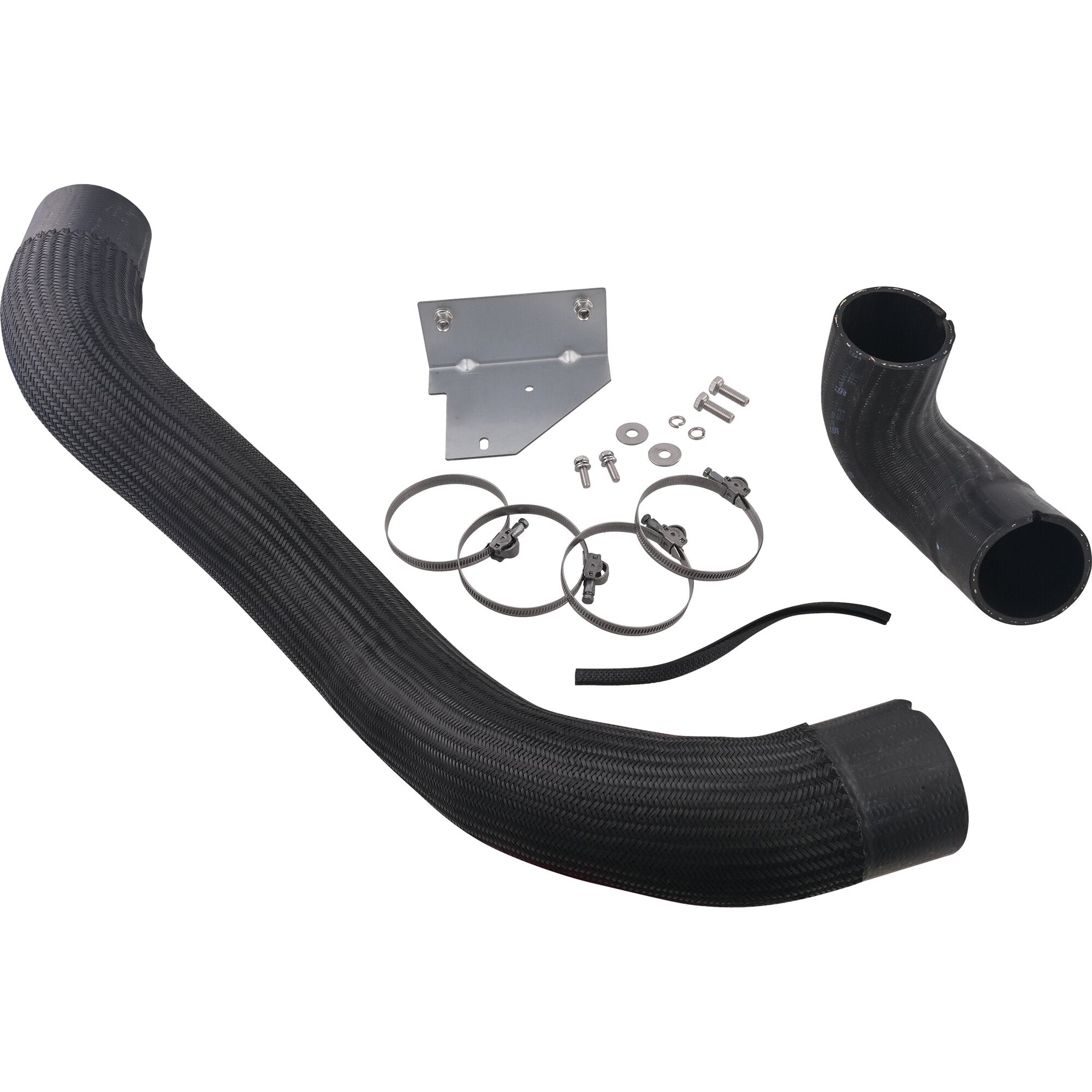 Einbau-Kit Telair Ultra Comfort 6000 für Fiat Ducato; sichtbare Teile: zwei schwarze Schläuche, Metallplatte, Schrauben, Schellen, Scheiben