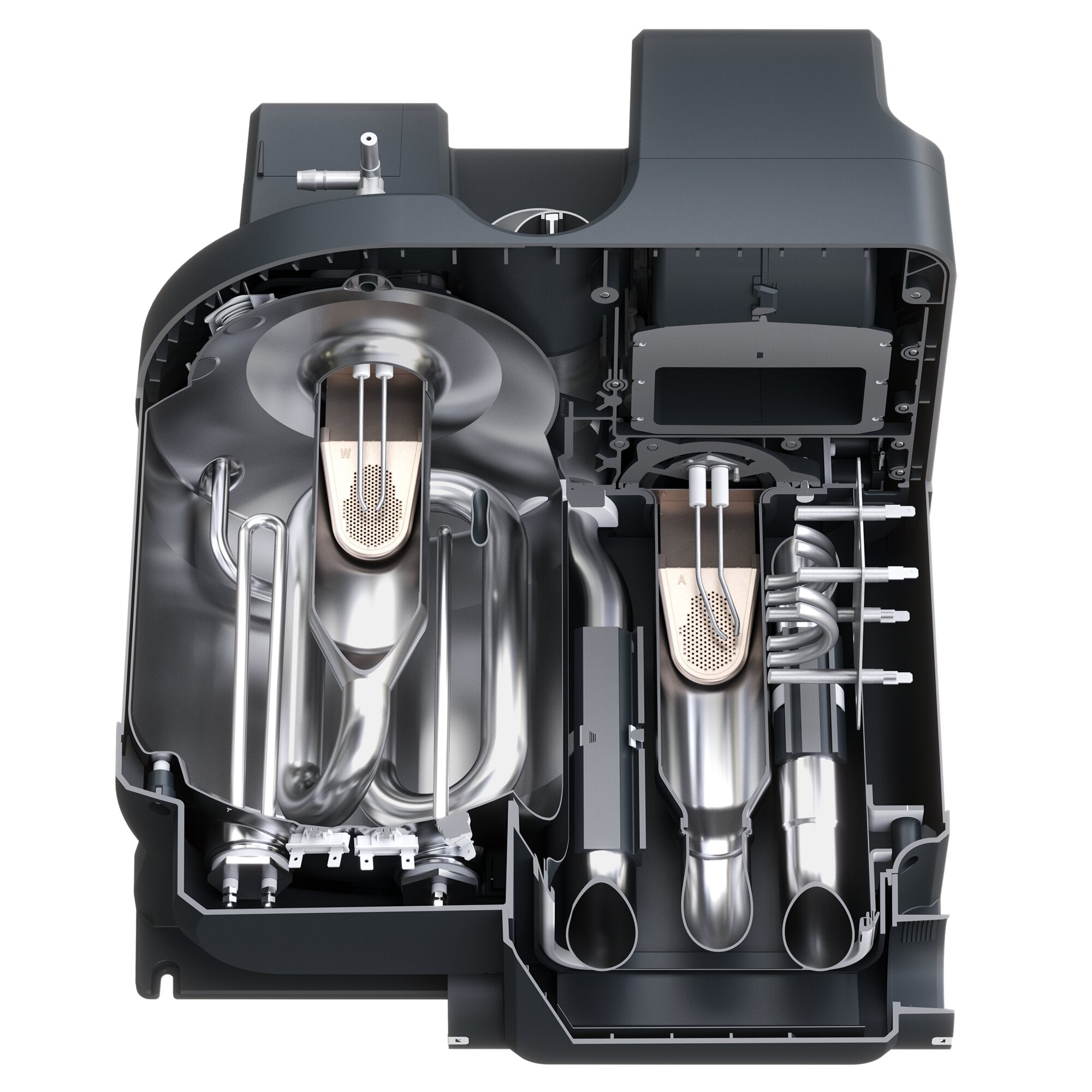 Durchsichtige Schnittdarstellung der TwinBoost Kombiheizung 4000 W mit Brenner, Wärmetauscher, Rohrleitungen, Innenkomponenten und grauem Gehäuse