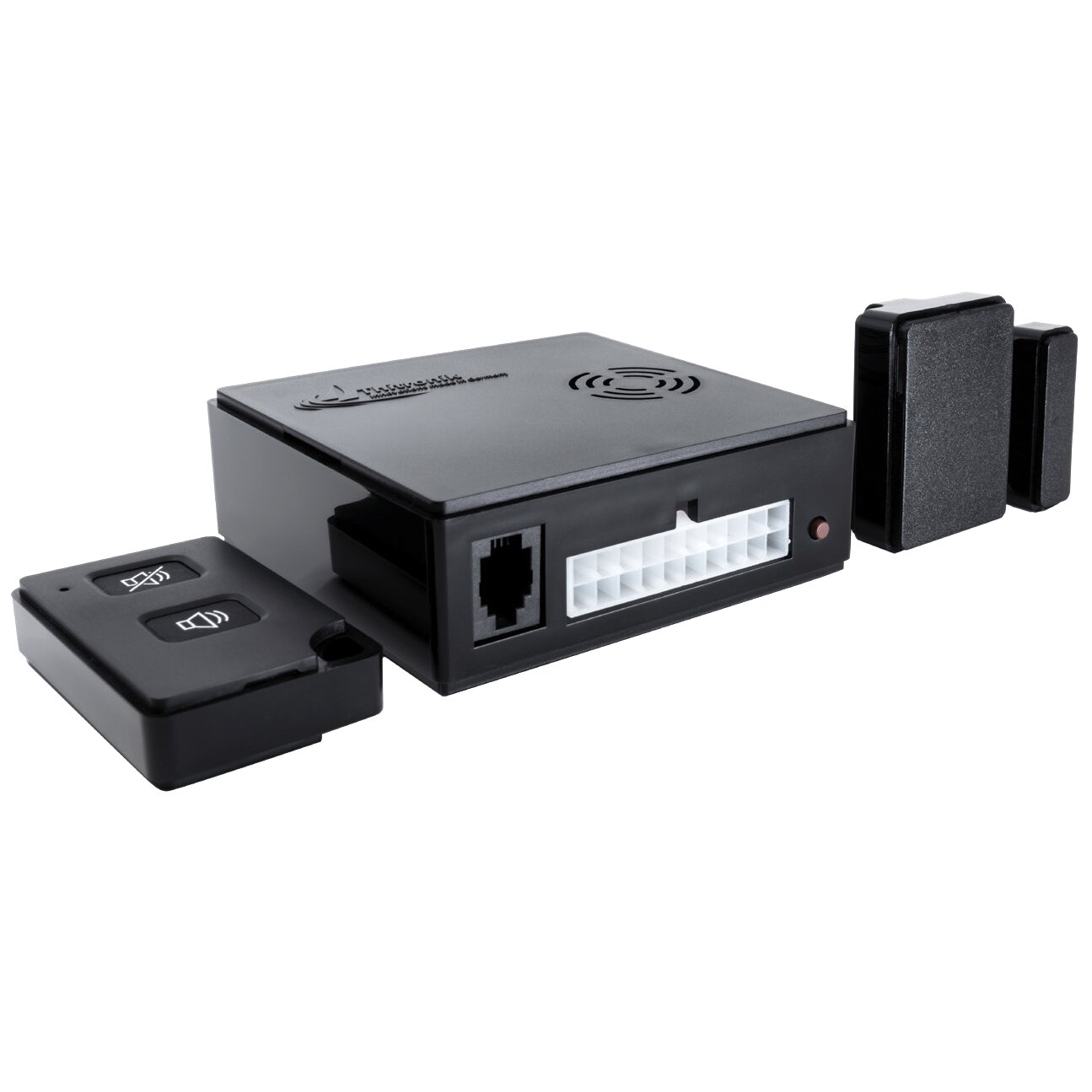 Funk-Alarmanlage WiPro III safe.lock zentrale Box mit Steckverbinder, rote LED, Fernbedienung mit Glocke und Wellen-Symbol, zwei Halterungen