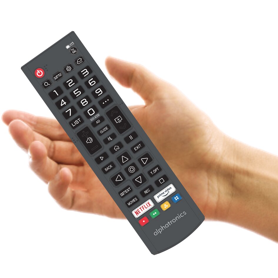 Graue Fernbedienung mit vielen Tasten wird von einer Hand gehalten; auf dem unteren Rand sichtbare Logos Netflix, Prime Video und alphatronics