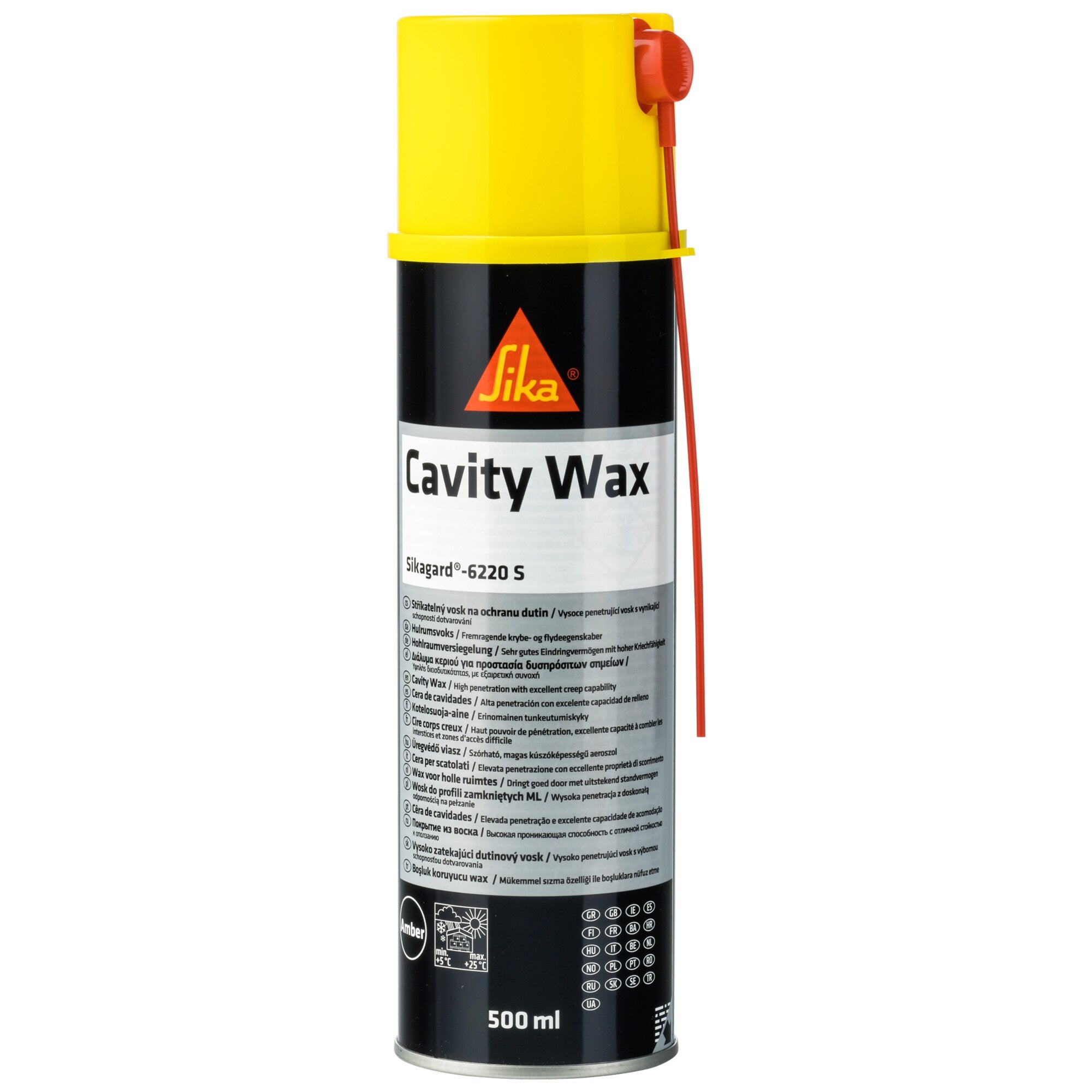 Sikagard-6220 S Hohlraumversiegelung Spraydose mit gelber Kappe und rotem Sprühkopf, schwarzer Flaschenkörper, Etikett mit Cavity Wax und 500 ml