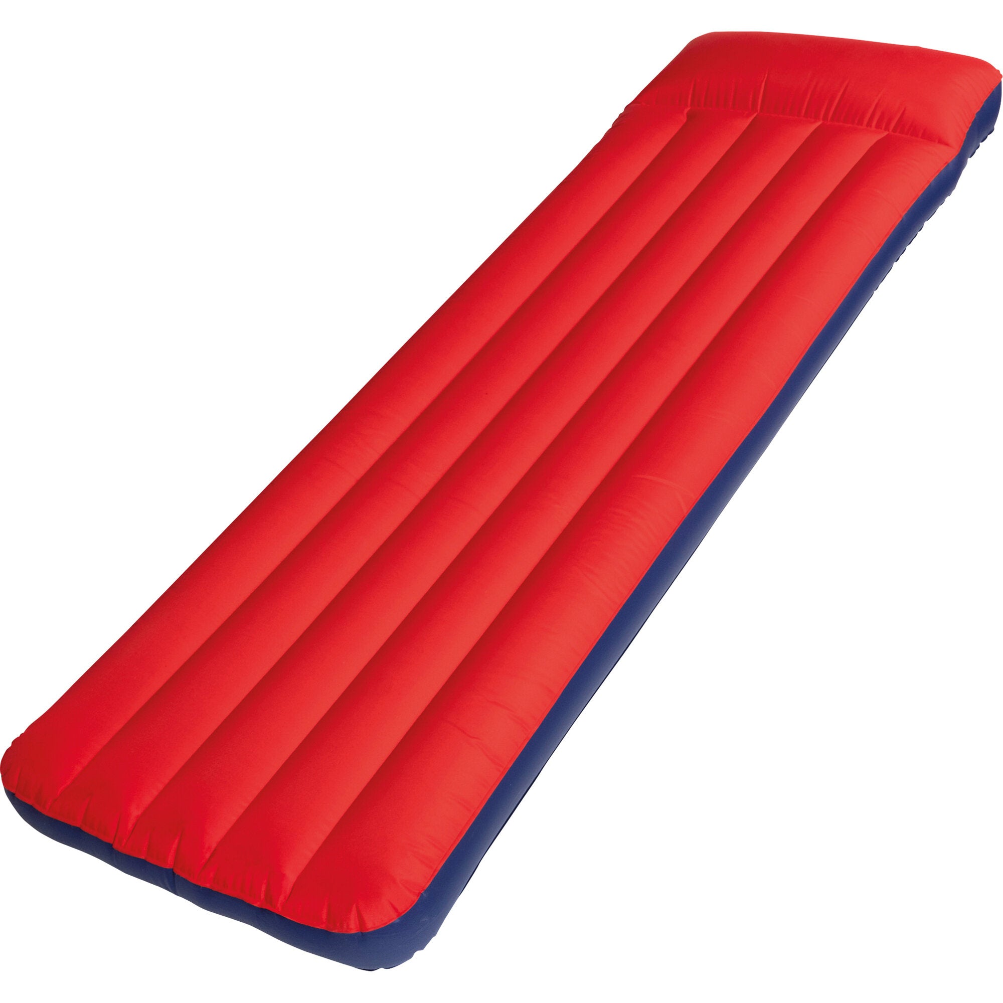 Rotes aufblasbares Vollbox-Kastenmatratze mit blauer Kante, diagonale Perspektive, sichtbare horizontale Luftkammern vor weißem Hintergrund