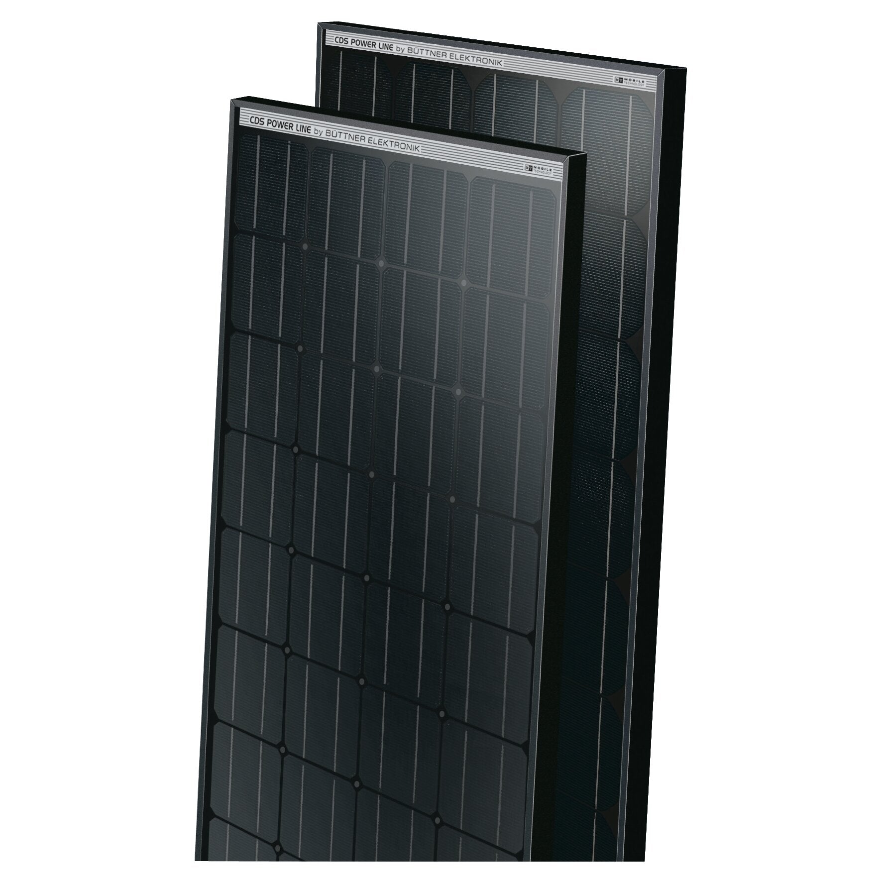 Zwei Solarmodule in dunklem Rahmen mit sichtbarem Zellraster; obere Leiste trägt CDS POWER LINE by BUTTNER ELEKTRONIK