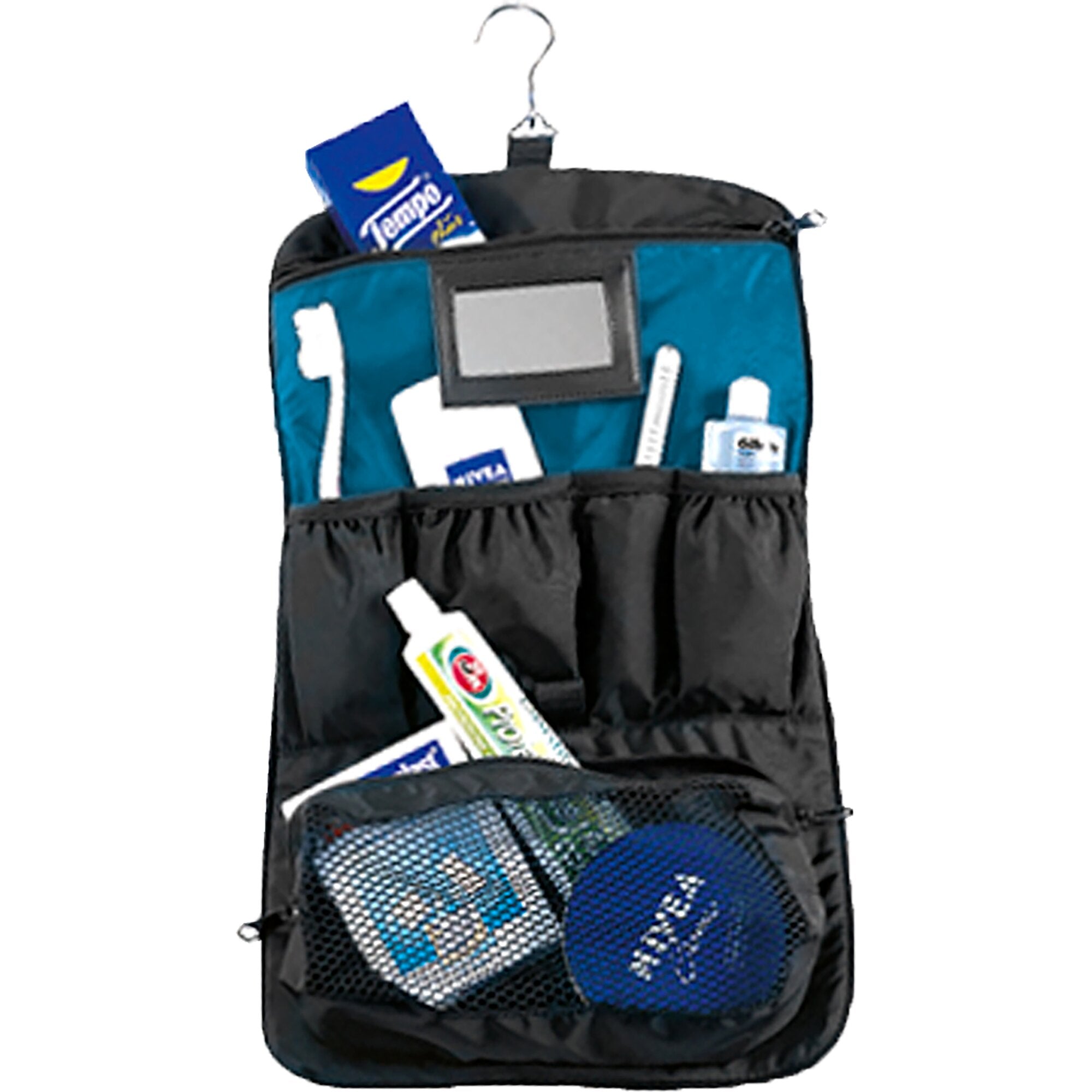 Geöffnete Kulturtasche Wash Bag in Blau und Schwarz mit Haken, sichtbare Zahnbürste, Zahnpasta-Packung und kleine Pflegefläschchen im Netzfach