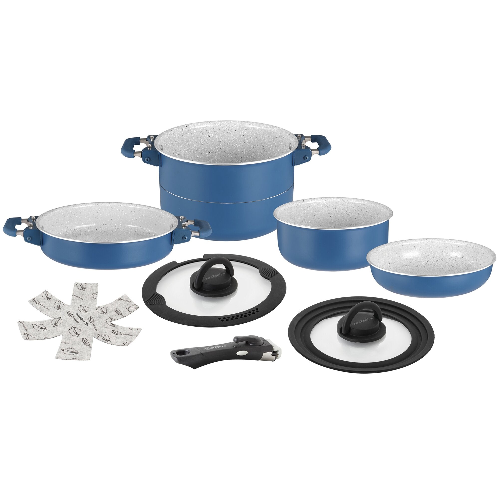 Kochtopf-Set Carezza Magnetogrip 7+1, blau, innen grau mit Speckle-Muster, mehrere Topfgrößen, seitliche Griffe, Glasdeckel sichtbar