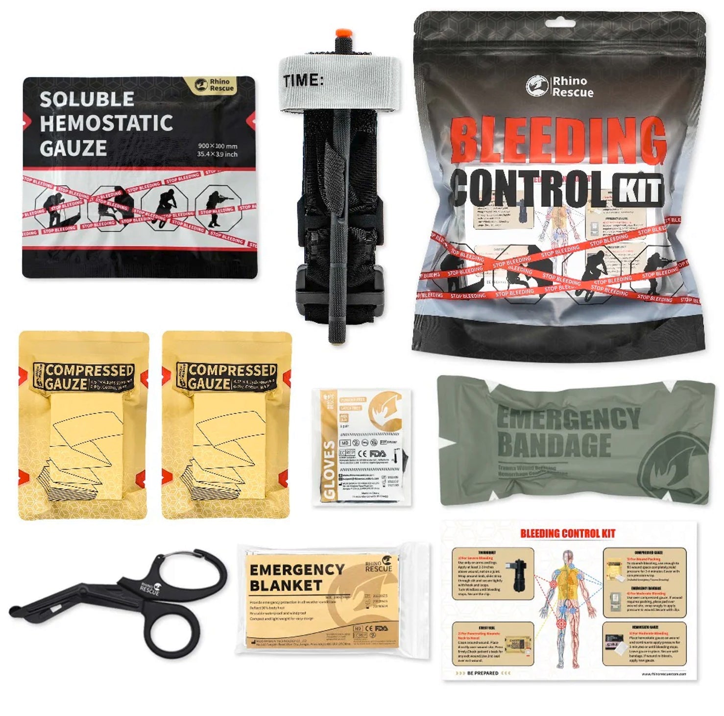 Rhino Rescue Erste-Hilfe-Set mit löschbarer hämostatischer Gaze, Tourniquet, Kompressen, Schere, Nothülle und.