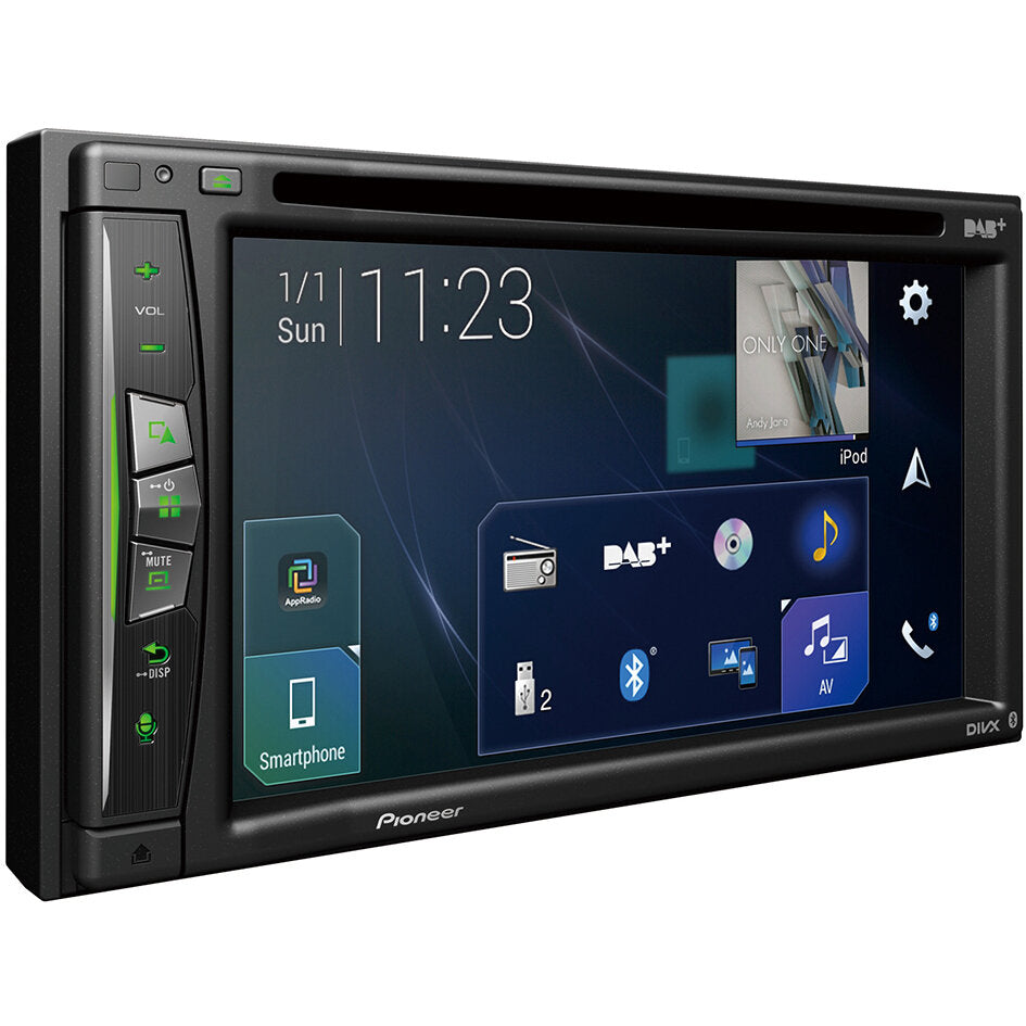 Pioneer AVIC Navigations- und Infotainment-Einheit mit großem Touchscreen, seitlicher Tastenleiste; Display zeigt App-Icons und Uhrzeit 11:23
