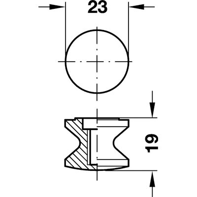 Technische Zeichnung eines hellgrauen Druckknopfs, Draufsicht Kreis Ø23 mm, Seitenansicht mit Innenhohlraum und Sockeldesign, Höhe 19 mm