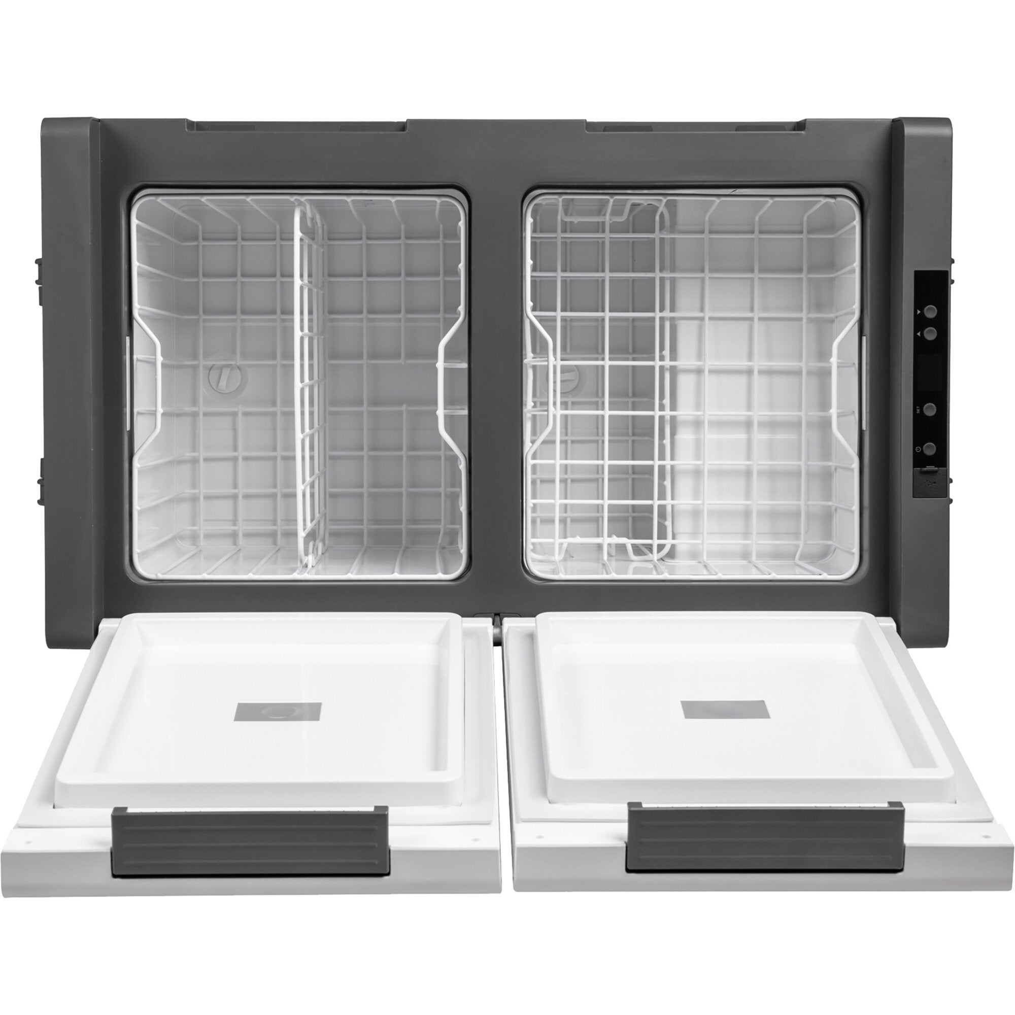 Polarys Criomaster Kühlbox, 73 l, graues Gehäuse, zwei Fronttüren geöffnet, Innenraum mit Drahtgitterregalen, unten zwei weiße Schubladen