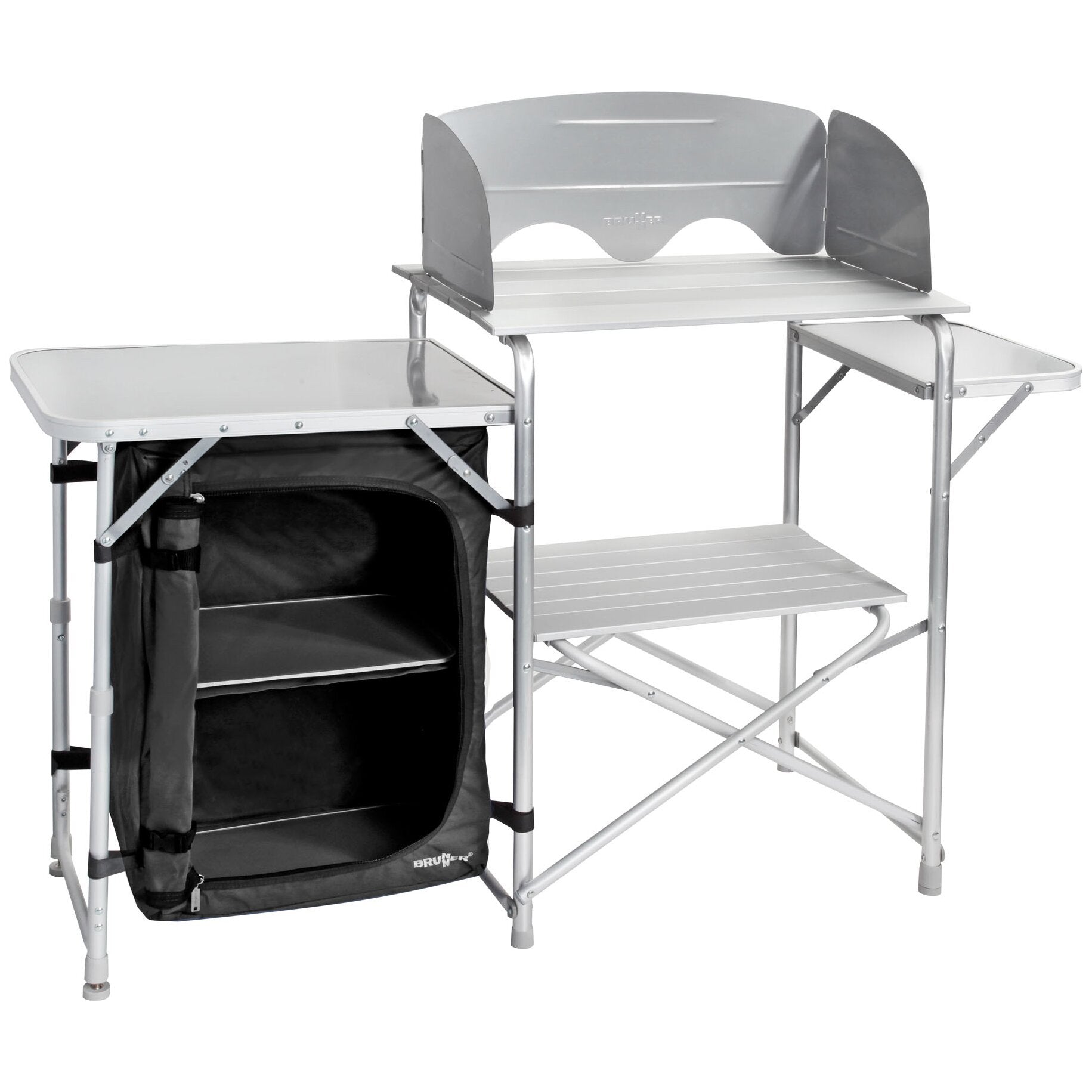 Kocherschrank Snack Easy Black: silbernes Metallgestell mit zentraler Arbeitsfläche, halbrunde Rückwand und seitliche Schutzwände, darunter eine schwarze Stofftasche