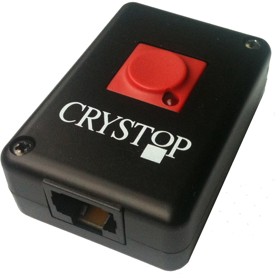 Schwarzes kompaktes Gehäuse mit rotem quadratischem Knopf, CRYSTOP-Aufdruck und kleinem Logo-Symbol; vorne Steckverbindung