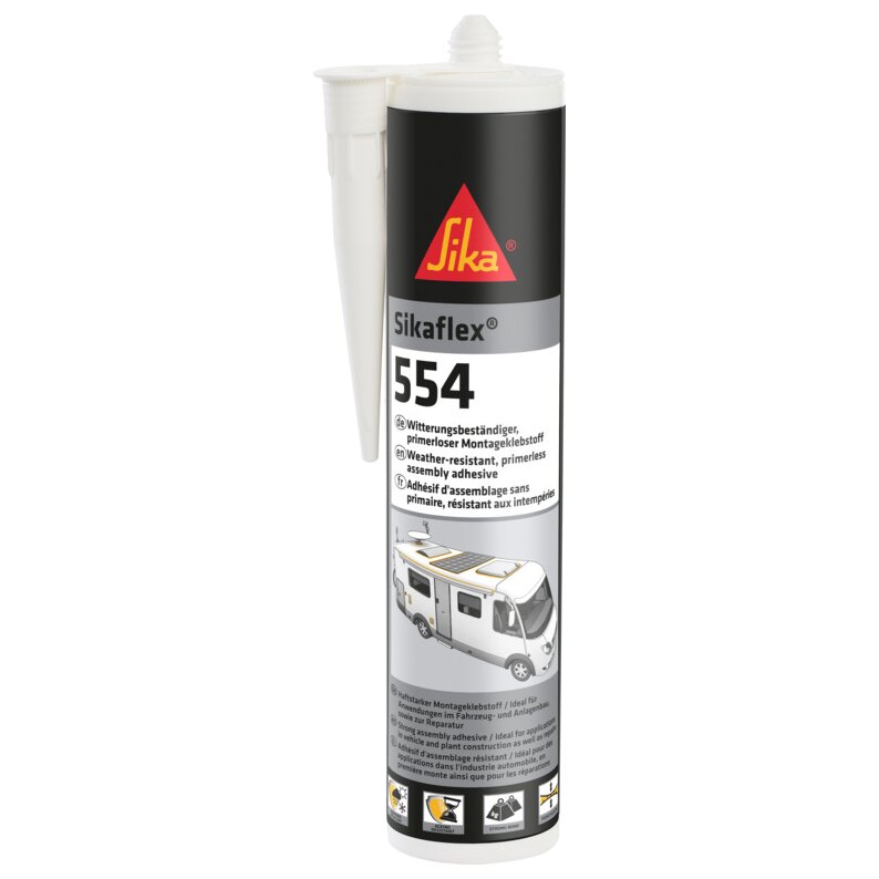 Weiße Kartusche Sikaflex 554 Montageklebstoff, 300 ml, mit Dosierdüse, Sika-Logo auf dem Etikett und Abbildung eines Wohnmobils