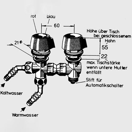Technische Zeichnung eines Carletta-Vormischers mit UT-Absperrhahn, zwei farbige Griffe rot/blau, Kalt- und Warmwasseranschluss