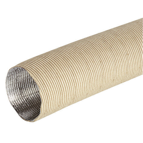 Längliches flexibles Rohr mit beige gerippter Außenhülle und silberner Metallinnenwand, Perspektive von der Seite mit offenem Rohrende