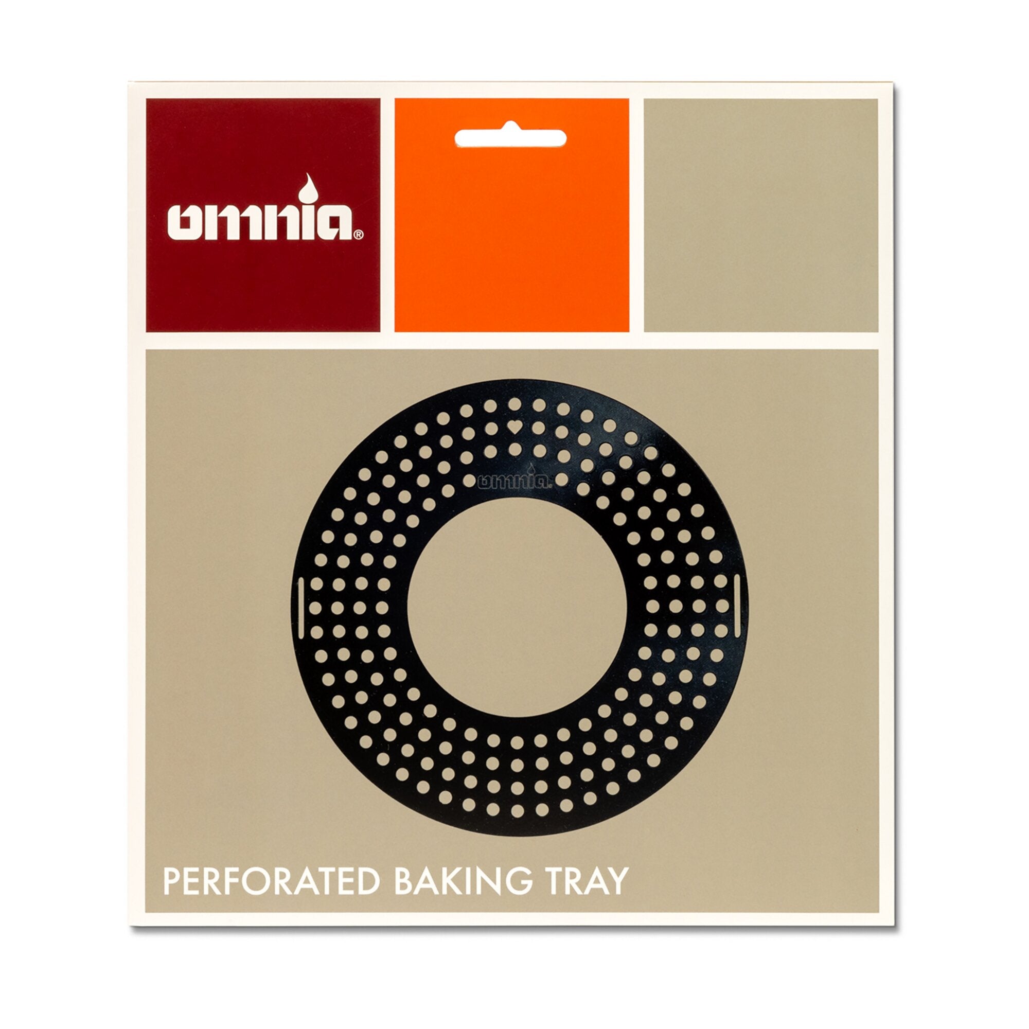 Verpackung eines beschichteten Backblechs mit perforiertem Rundblech; oben drei Farbfelder in Rot, Orange und Beige, unten PERFORATED BAKING TRAY