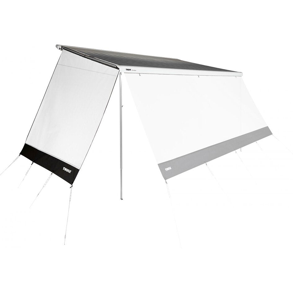 Sun Blocker G2 Side für Thule 3200, seitlicher Sonnenschutz aus weißem Gewebe mit grauer Bodenkante, dunklem Dach, Stange und Abspannseile