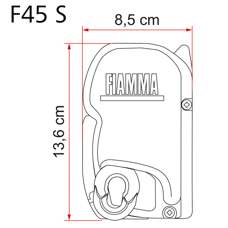 Technische Zeichnung der F45 S Endkappe von FIAMMA mit FIAMMA-Logo, Schraubenkopf seitlich, Rundgriff unten, Maße 13,6 x 8,5 cm