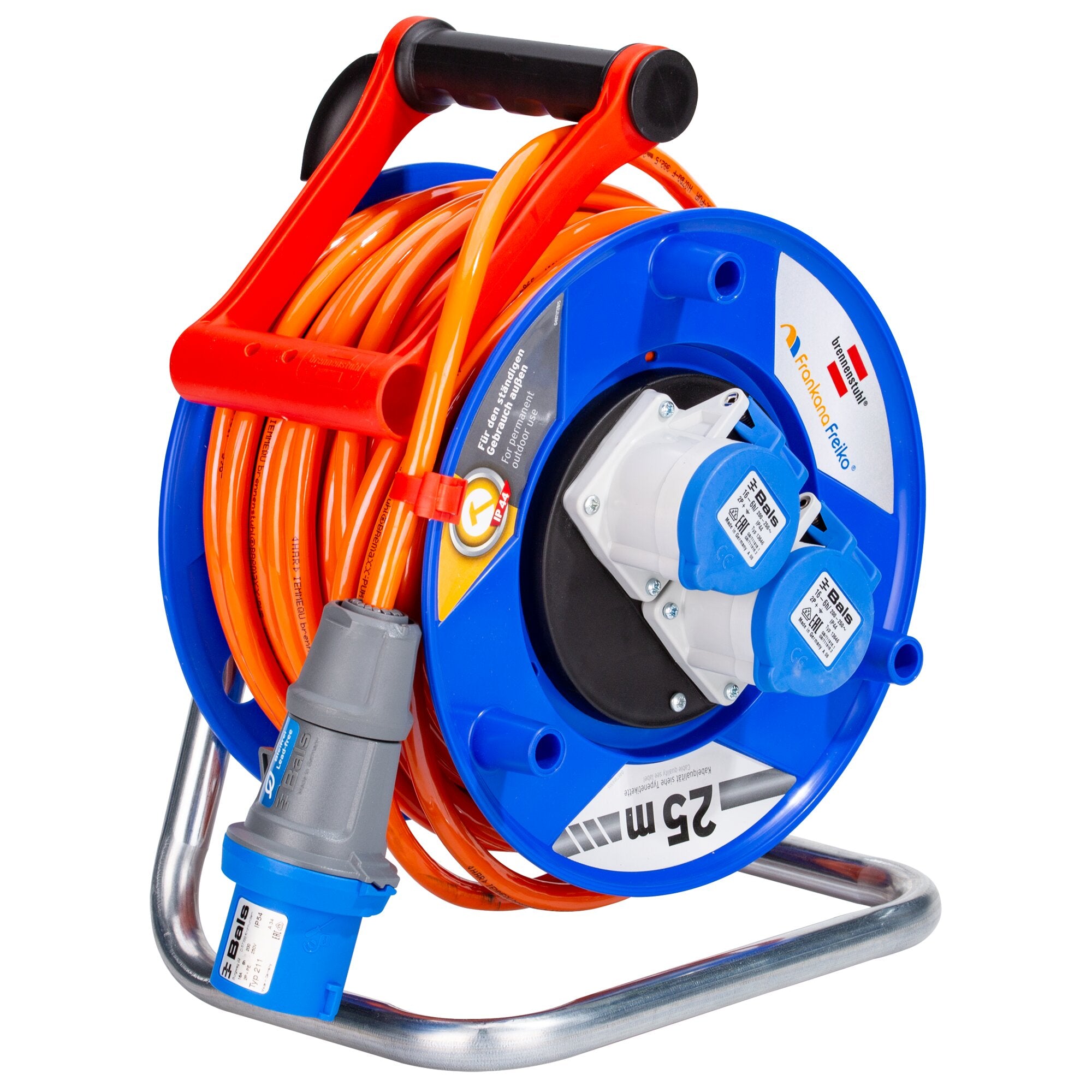 Nahaufnahme einer Kabeltrommel CEE Camping 240 mit blauer Trommel, orange Verlängerungskabel, schwarzem Griff und Metallgestell