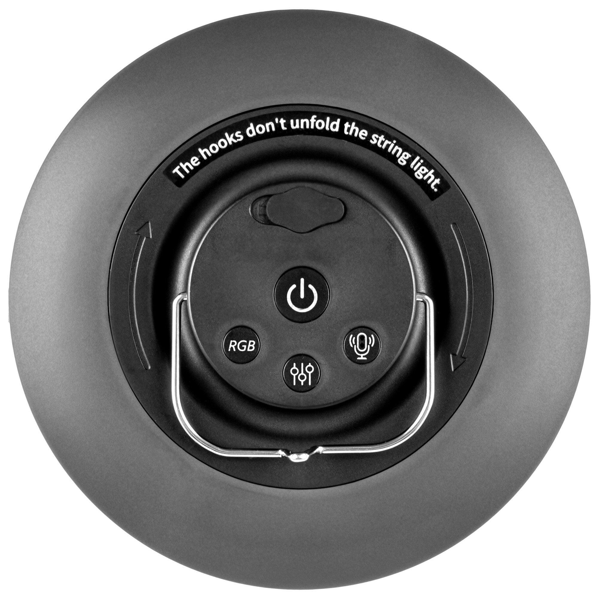 Runde Bedienkonsole einer LED-Campinglampe mit Power-Taste in der Mitte, umlaufenden Knöpfen wie RGB und Mikrofon-Symbol, graues Gehäuse